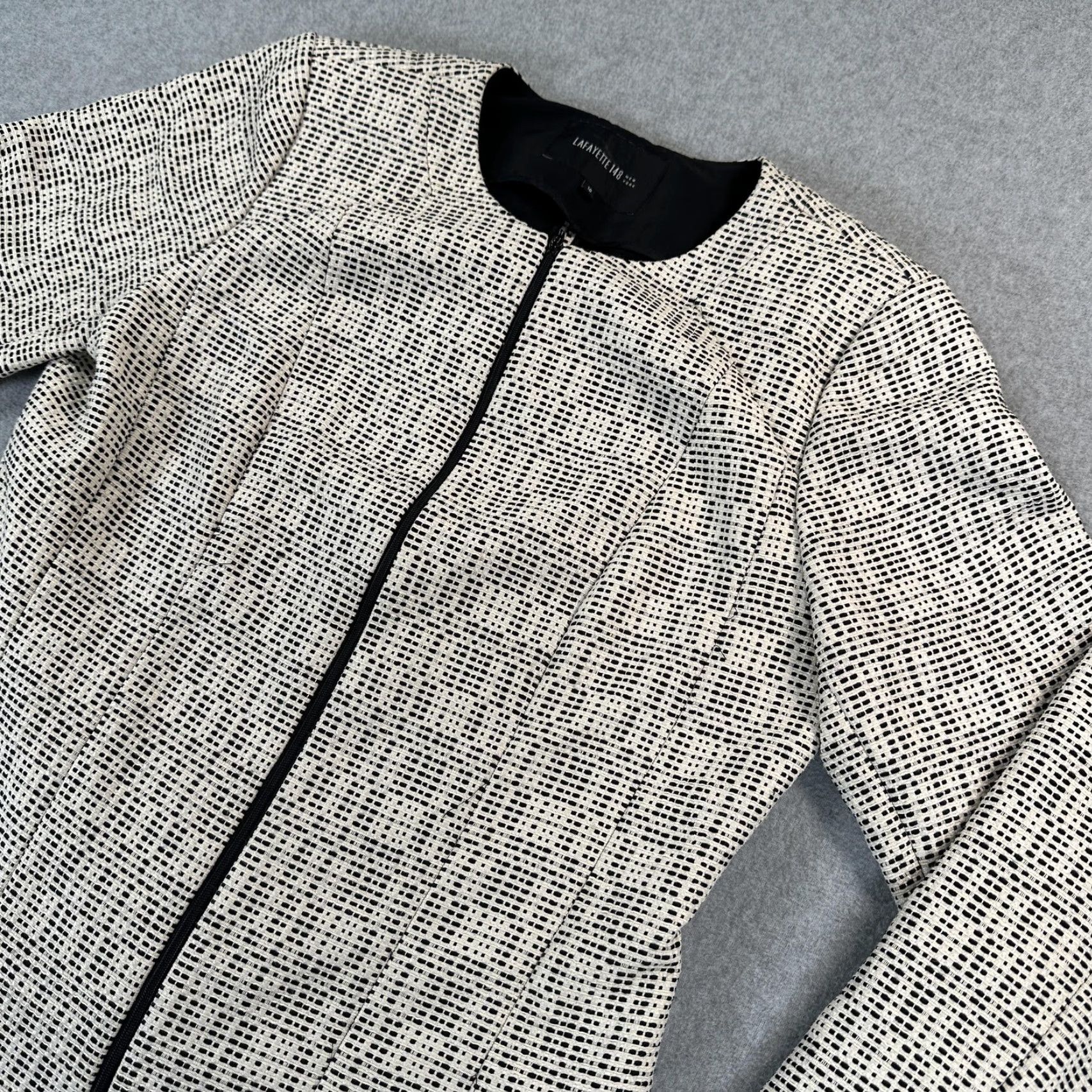 Vintage Lafayette 148 New York Jacket Womens 10 White Tweed Collarless Full Zip Geometric Size L / US 10 / IT 46 - 2 Thumbnail