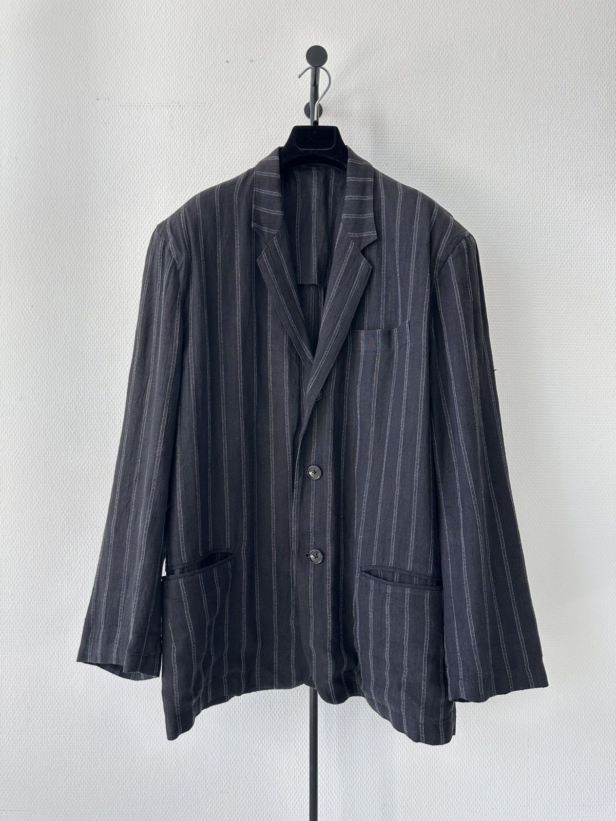 Yohji Yamamoto Yohji Yamamoto Homme Grey Pinstripe Linen Oversized Blazer Size 54R - 1 Thumbnail