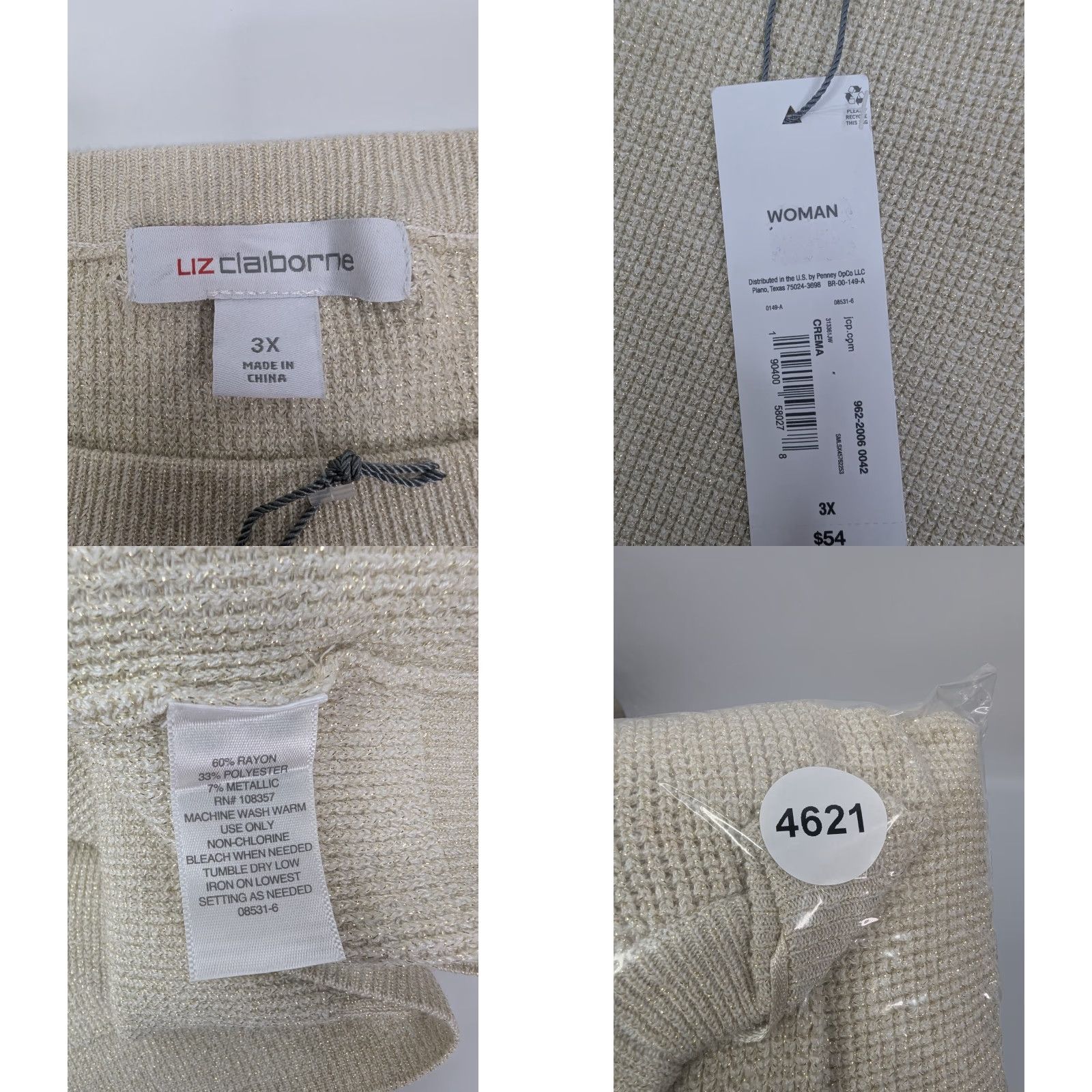 Liz Claiborne Liz Claiborne Women Plus Sweater 3X Beige Rayon Metallic Pullover Crew Neck Long Sleeve Knit Size XXL / US 16-18 / IT 52-54 - 8 Thumbnail