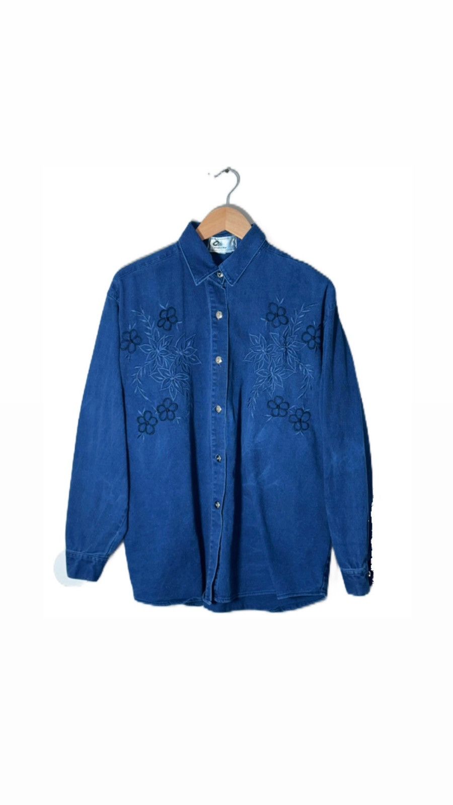 Vintage 90s Vintage Blue Floral embroidered Denim Shirt Size US M / EU 48-50 / 2 - 1 Thumbnail