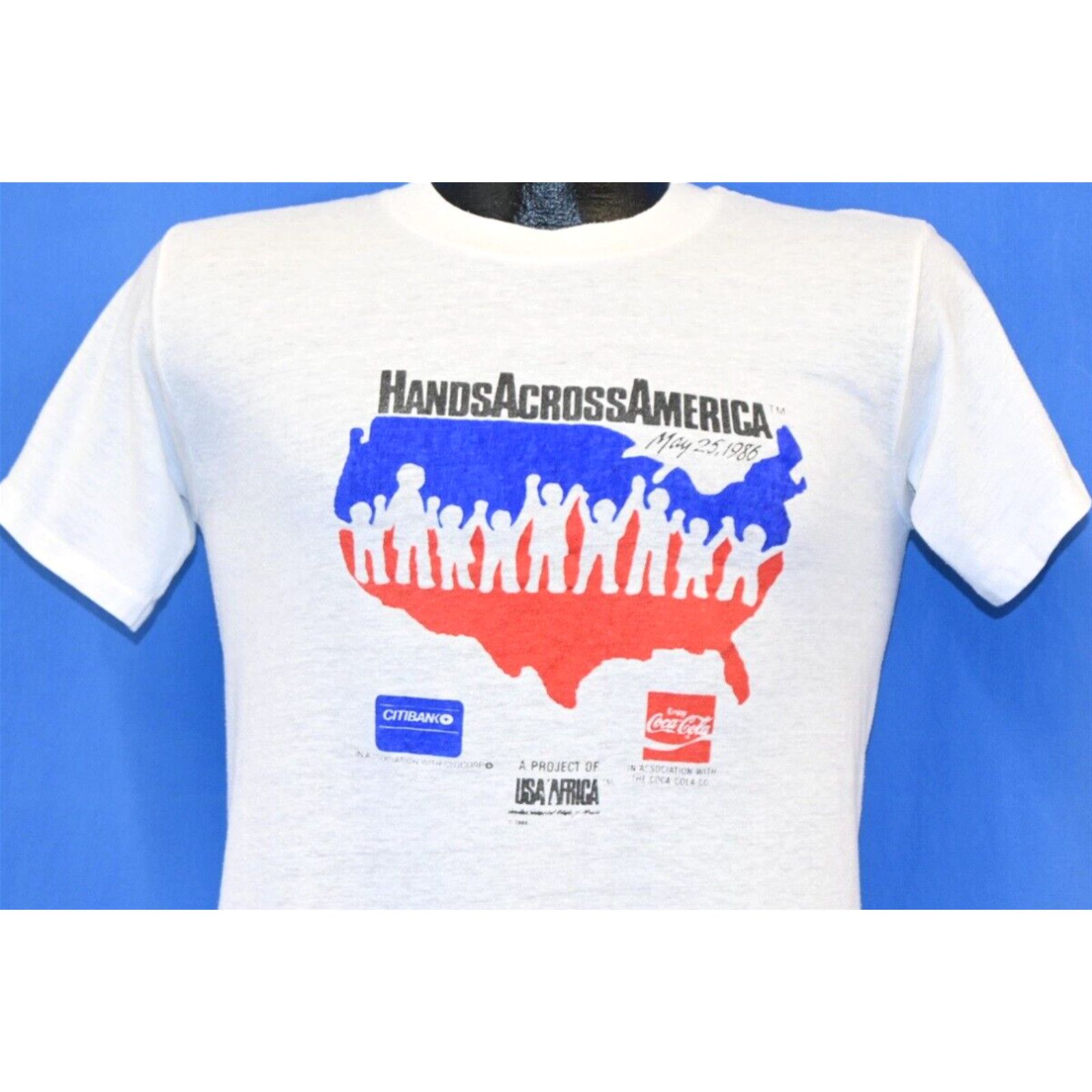 image of Vintage VTG 80's Hands Across America Usa Africa Coca Cola Coke 1986 Logo Promo T-Shirt S in White 