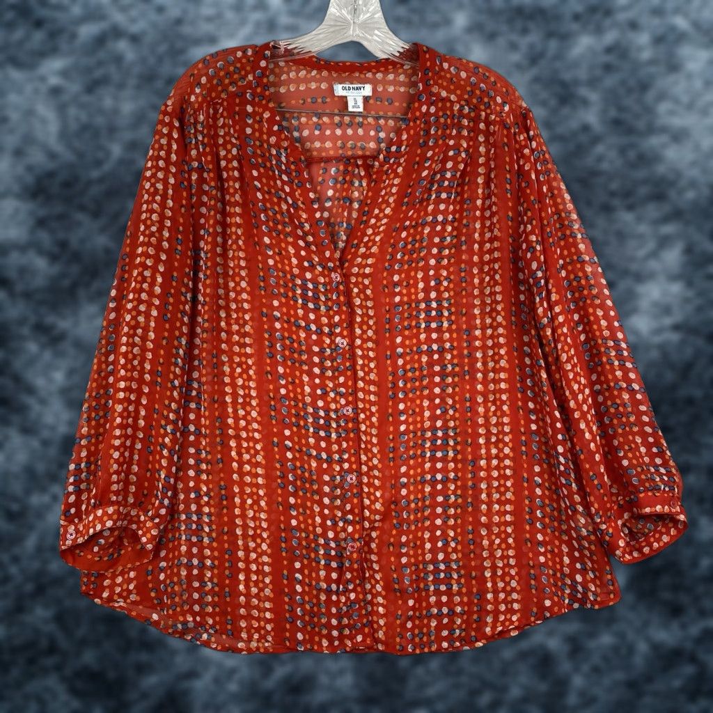 Old Navy Old Navy Top Womens XL Red Dotted Sheer Button Up V Neck Chiffon Beach Cruise Size XL / US 12-14 / IT 48-50 - 1 Thumbnail
