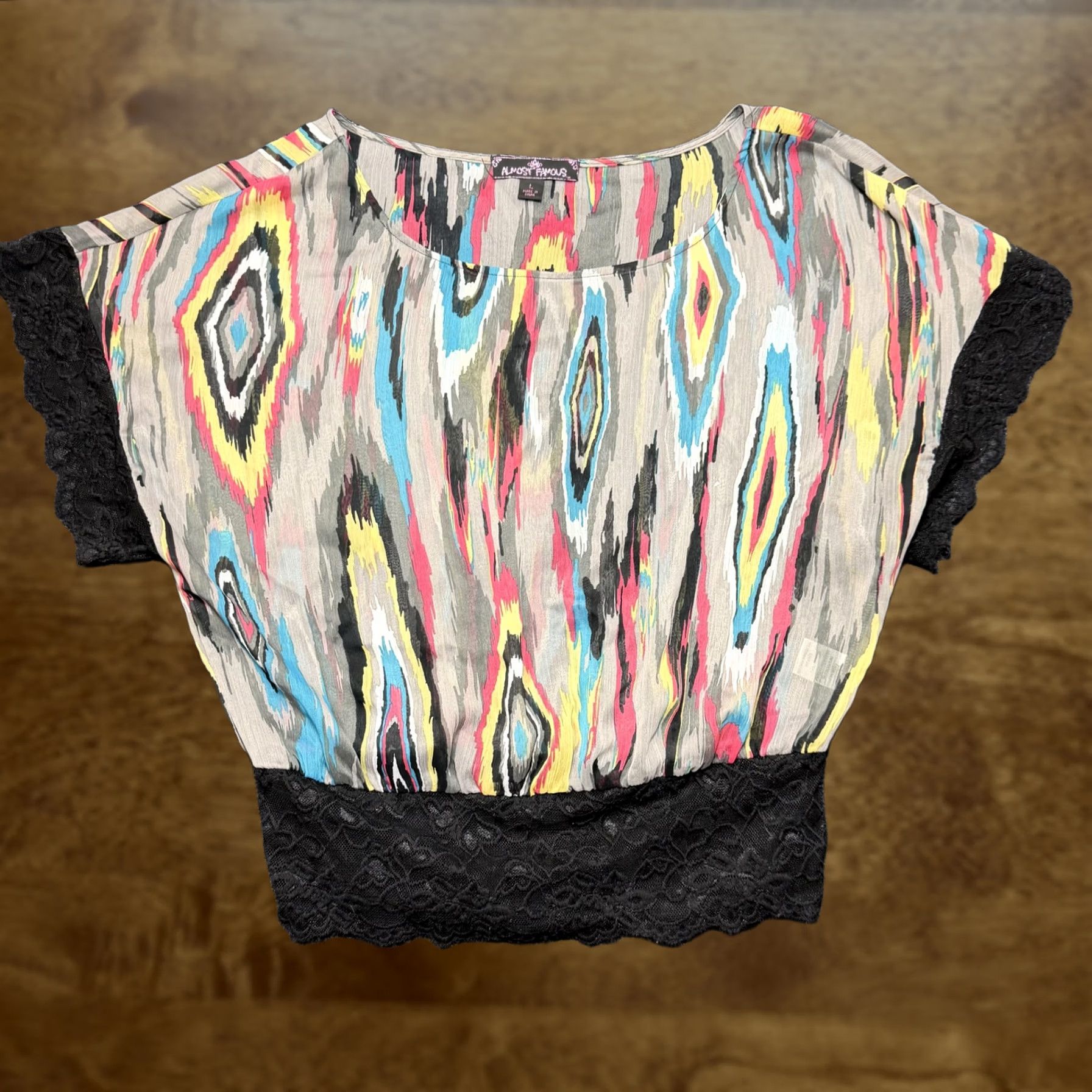 Almost Famous Y2K Almost Famous Blouse Womens L Multicolor Ikat Dolman Lace Hem Sheer Top Size L / US 10 / IT 46 - 1 Thumbnail