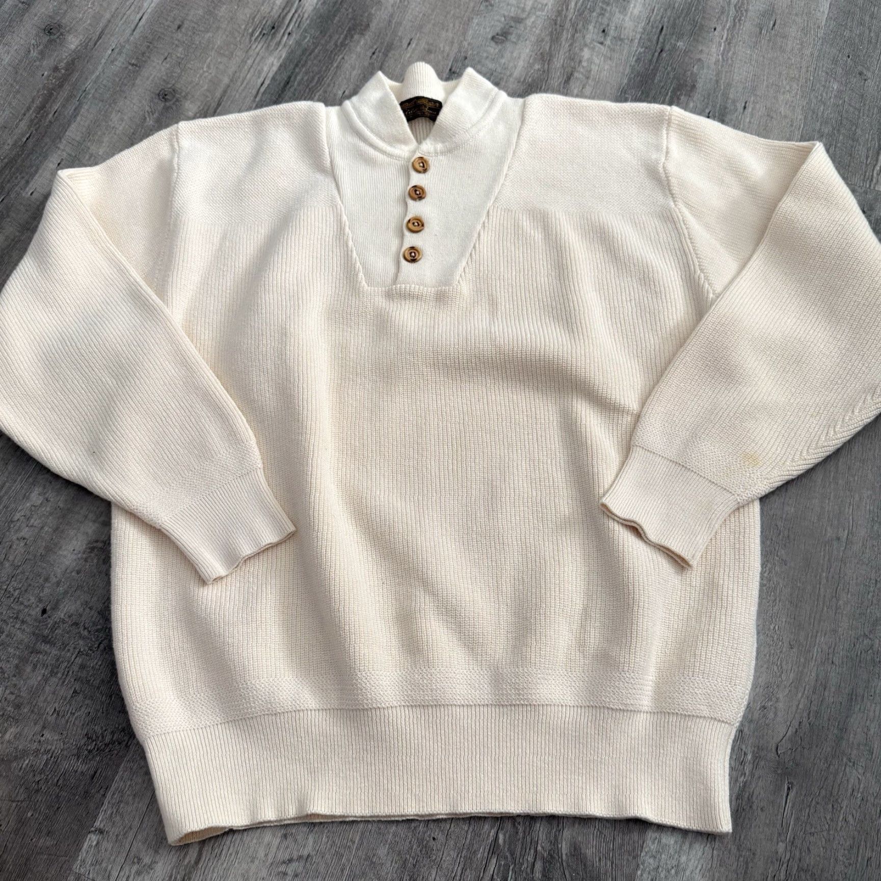 Eddie Bauer VINTAGE Eddie Bauer Sweater Mens XLT Tall Beige Henley Fisherman 100% Cotton Knit Button Ribbed Knit Not Frayed? Size US XL / EU 56 / 4 - 5 Thumbnail