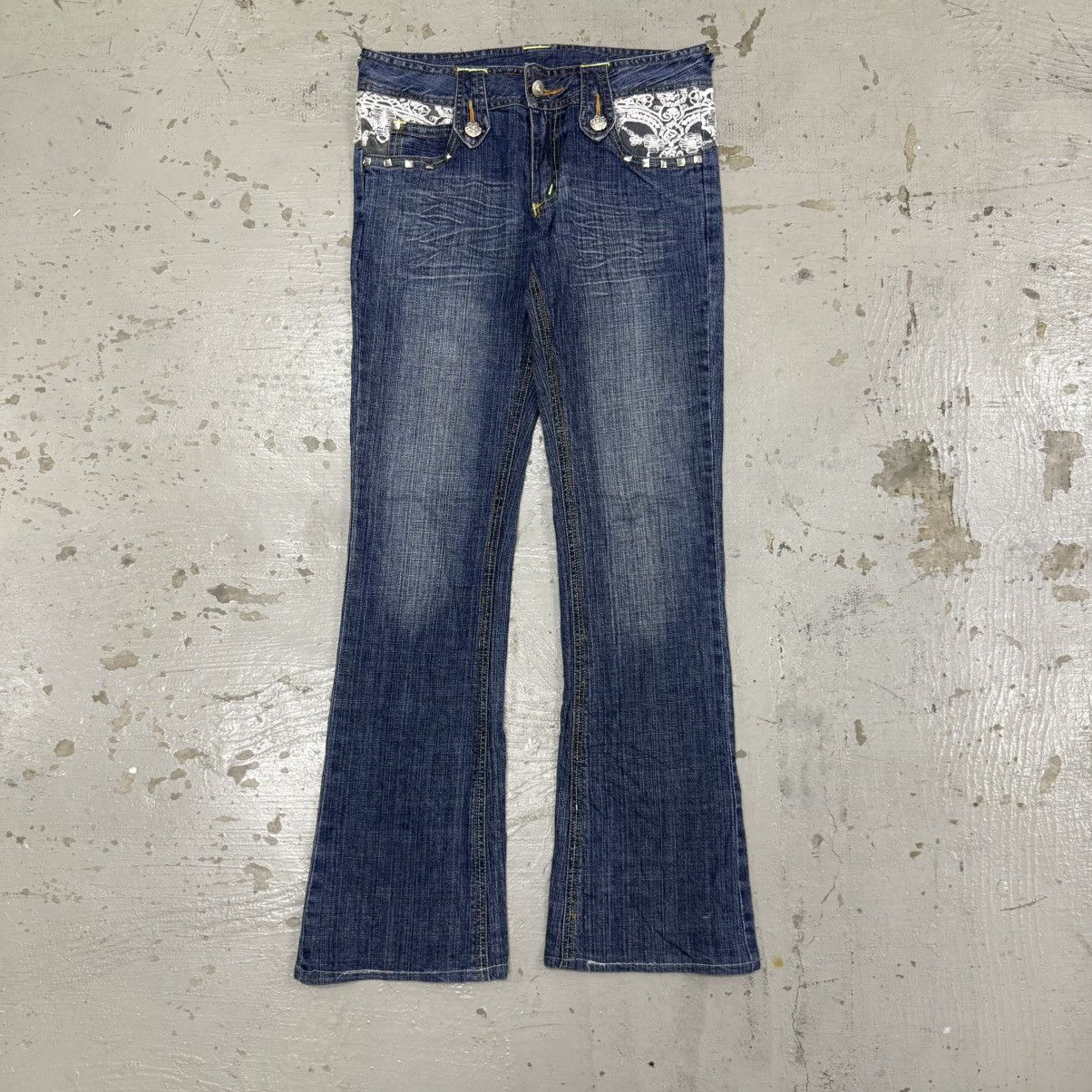 Hedi Slimane Denim bell bottom slim punk gothic japanese stud white lace Size US 28 / EU 44 - 1 Thumbnail