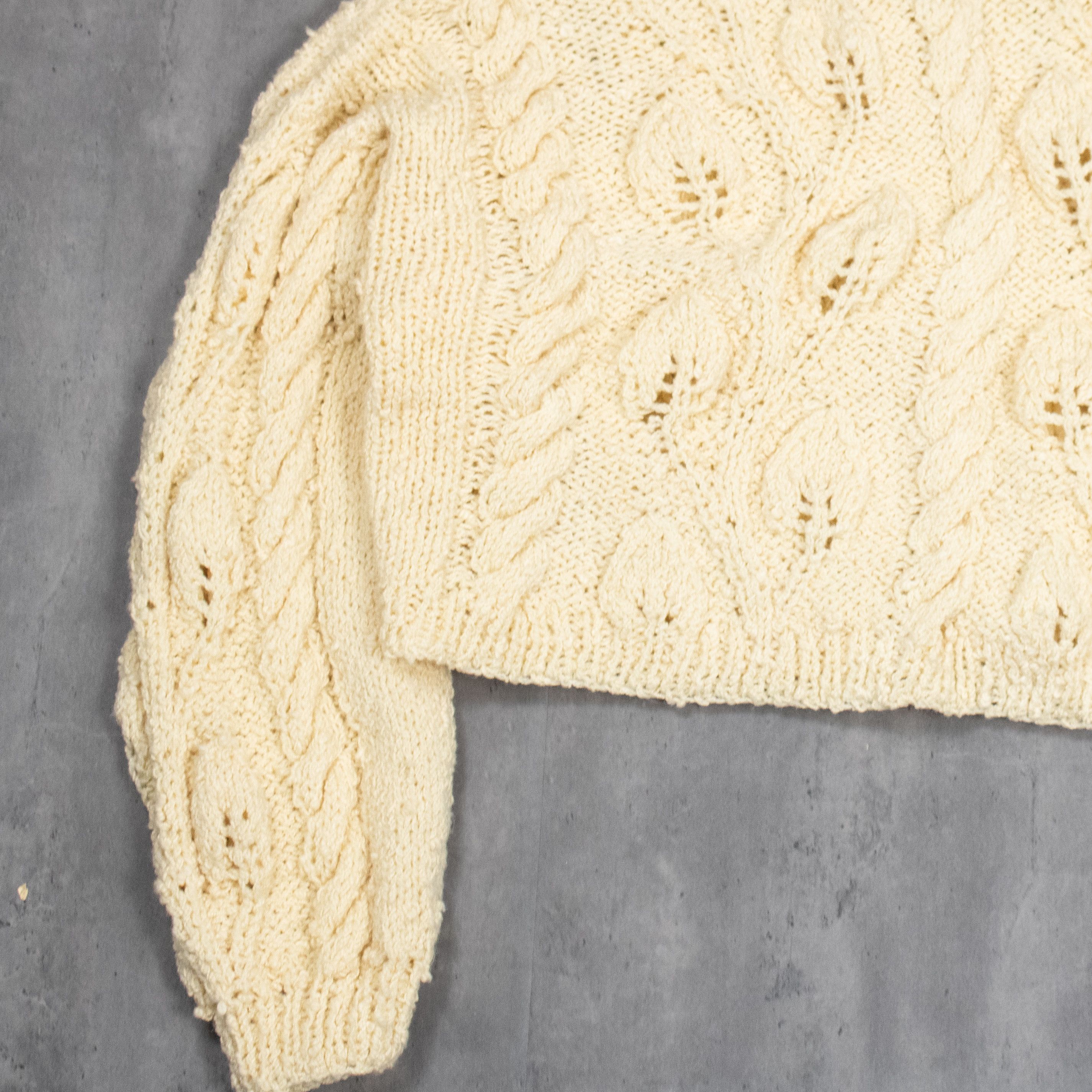Japanese Brand VTG's 80's Flower Cable Cream Brown Cropped Cardigan Sweater Size US L / EU 52-54 / 3 - 6 Thumbnail