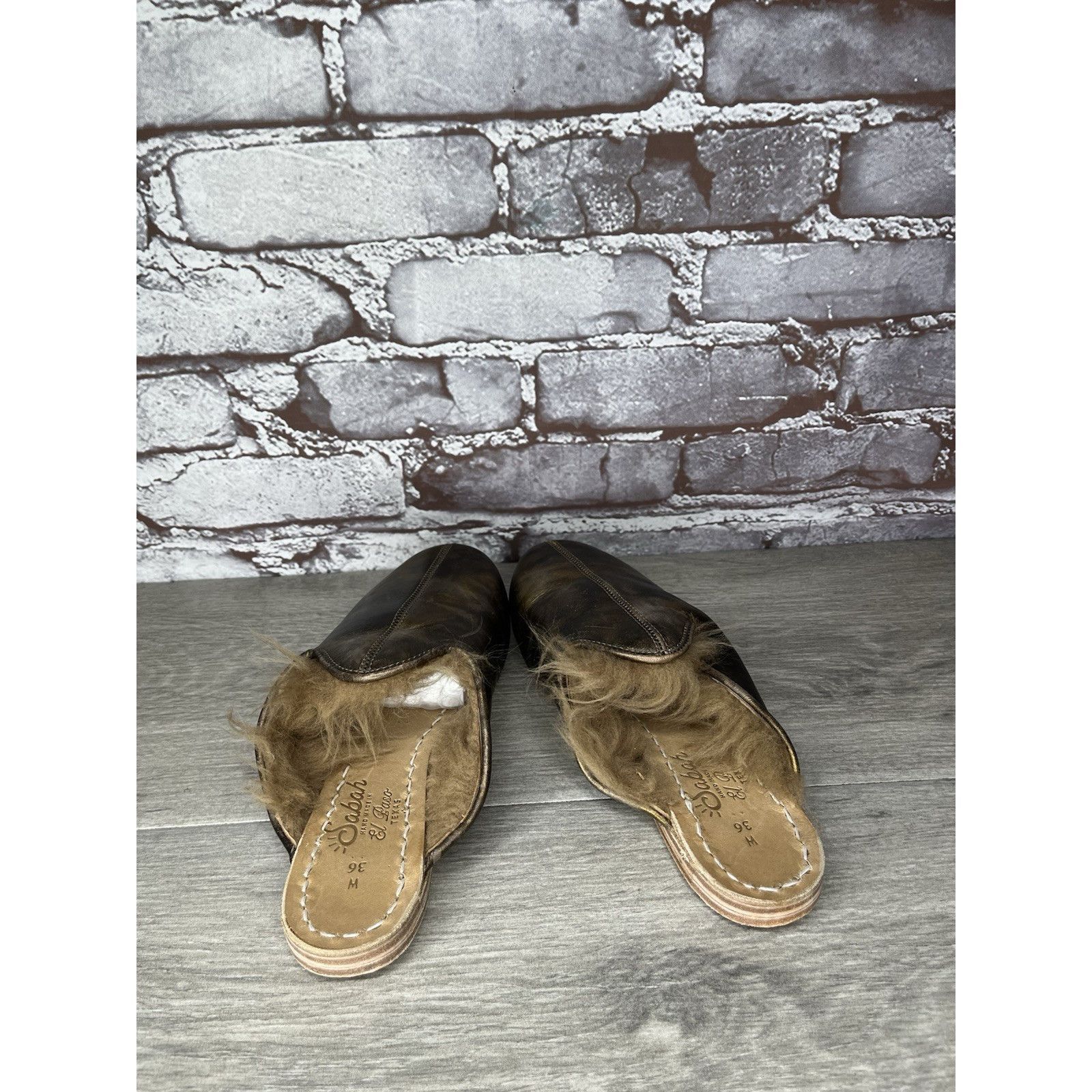 Saba Sabah Baba Big Bend Olive Shearling Bronze Slippers Mules Fl Size US 6 / IT 36 - 9 Thumbnail