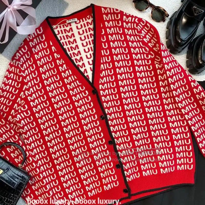 Miu Miu Miu Miu Red Wool Cardigan with Logo Print . Size XXS / US 00 / IT 34 - 4 Thumbnail