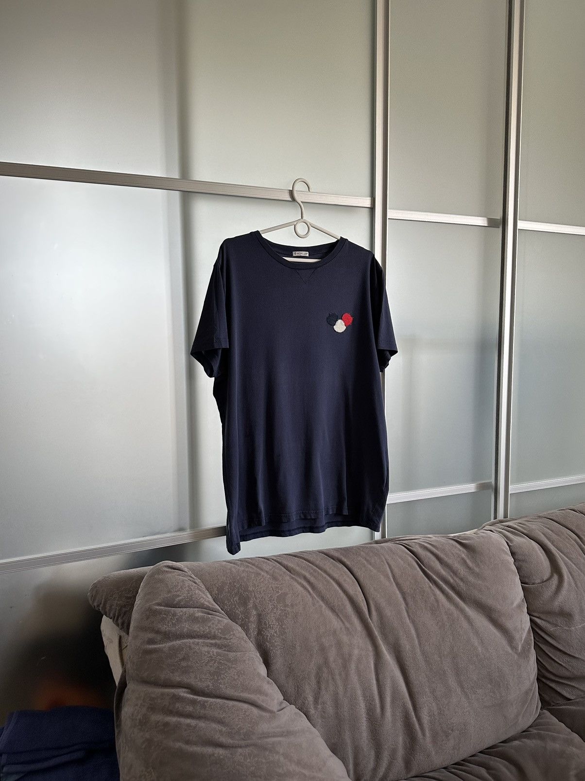 Image of Moncler Maglia Manica Corta Triple Logo Tee in Blue, Men's (Size XL)