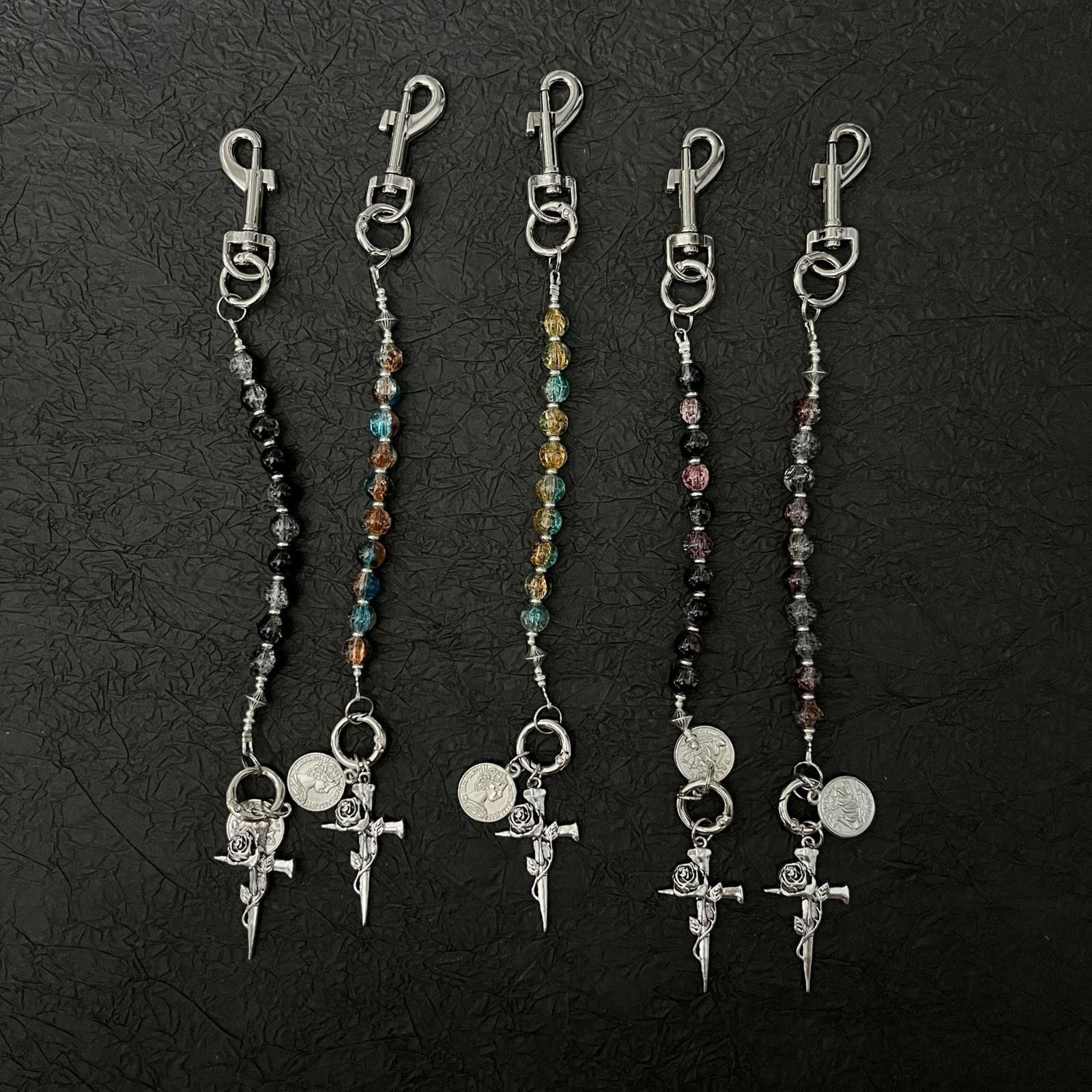 Jewelry Silver Beaded Keychain with Rose and Dagger Charms Size ONE SIZE - 2 Thumbnail
