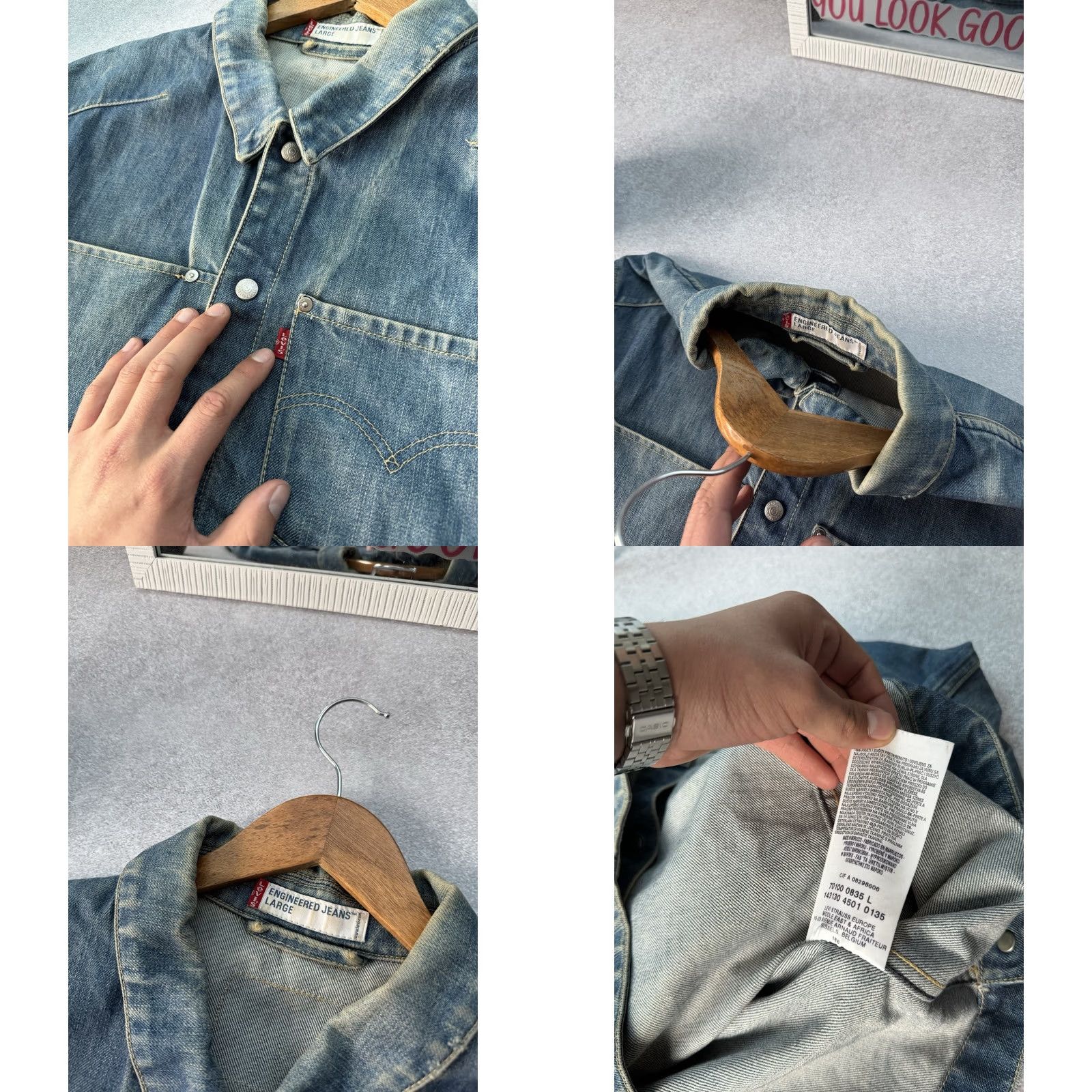 Denime VINTAGE Levis Engineered Jeans 90s Button Up Denim Jacket Men L Blue Denim Jacket Bomber Style Casual Streetwear 90s Mens Button Up Pockets Size US 33 - 9 Thumbnail