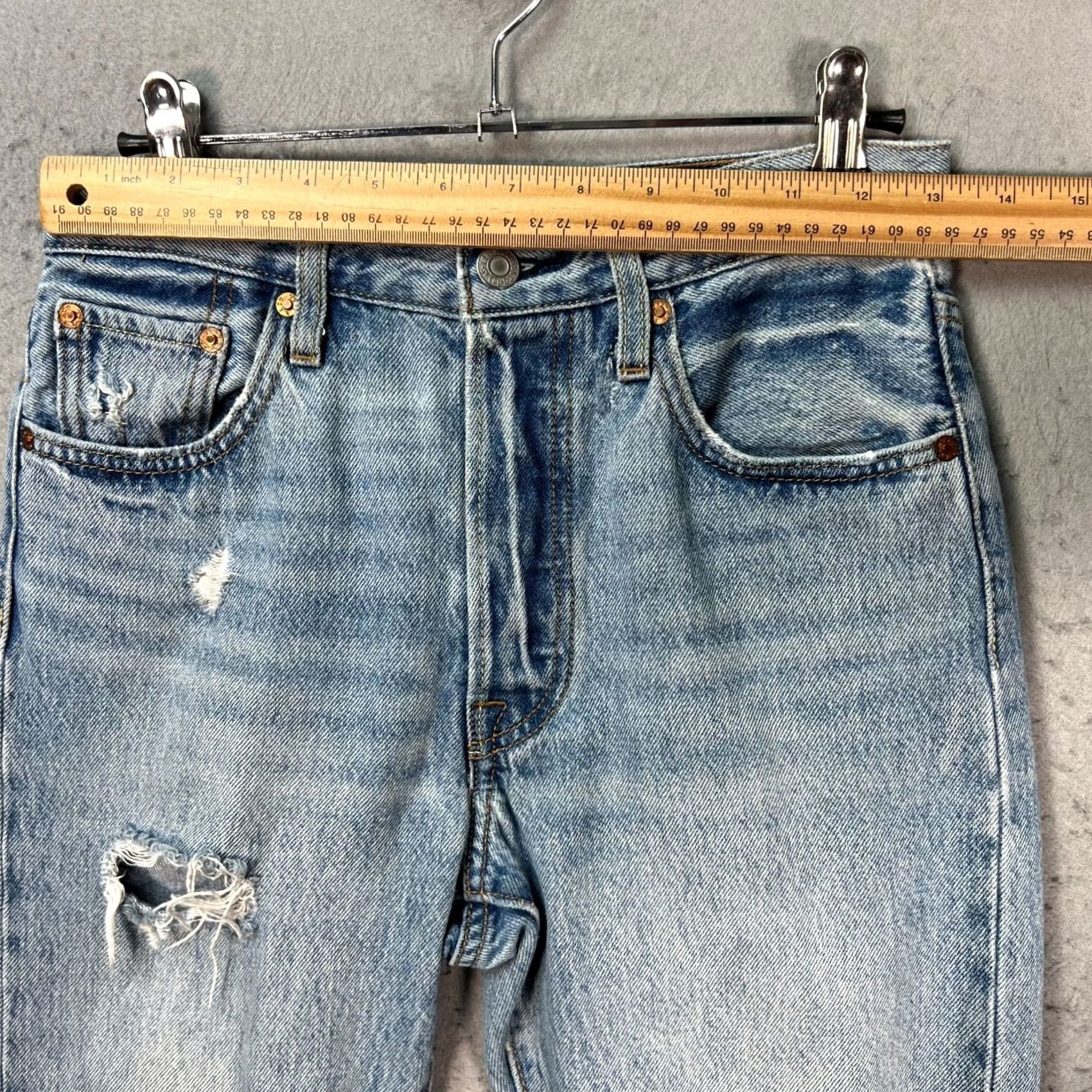 Levi's Levi's 501 Jeans Womens Size 25 Button-Fly Light Wash Distressed Regular 27 In Inseam Blue Cotton Denim Jeans Size 42" / US 20 - 6 Thumbnail