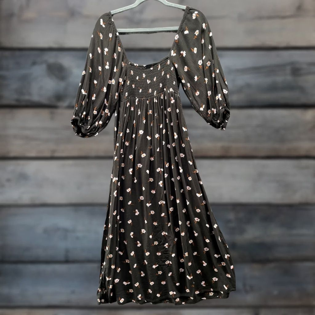 Billabong VINTAGE Billabong Floral Puff Sleeve Midi Dress Womens S Daisy Print Black Smcoked Size S / US 4 / IT 40 - 1 Thumbnail