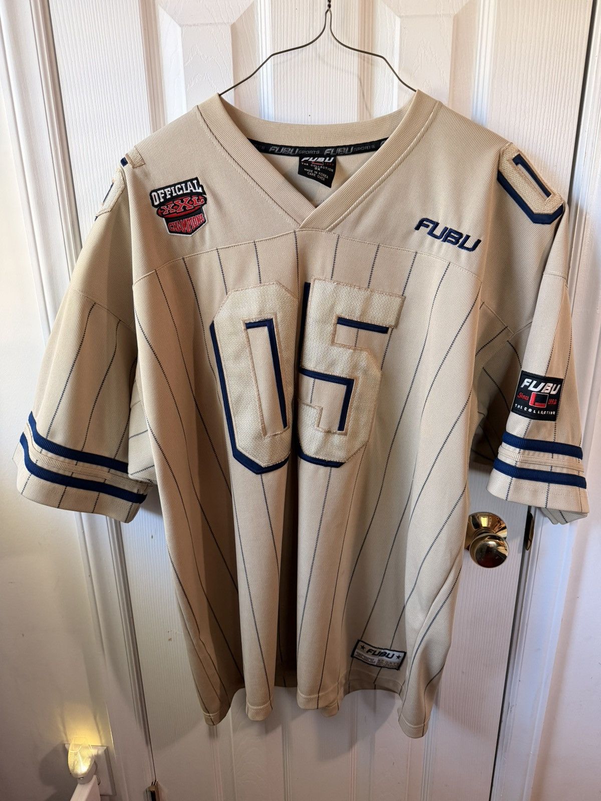 Fubu Vintage FUBU Football Jersey 05 Pinstripe Cream Navy Y2K Size US XXL / EU 58 / 5 - 1 Thumbnail