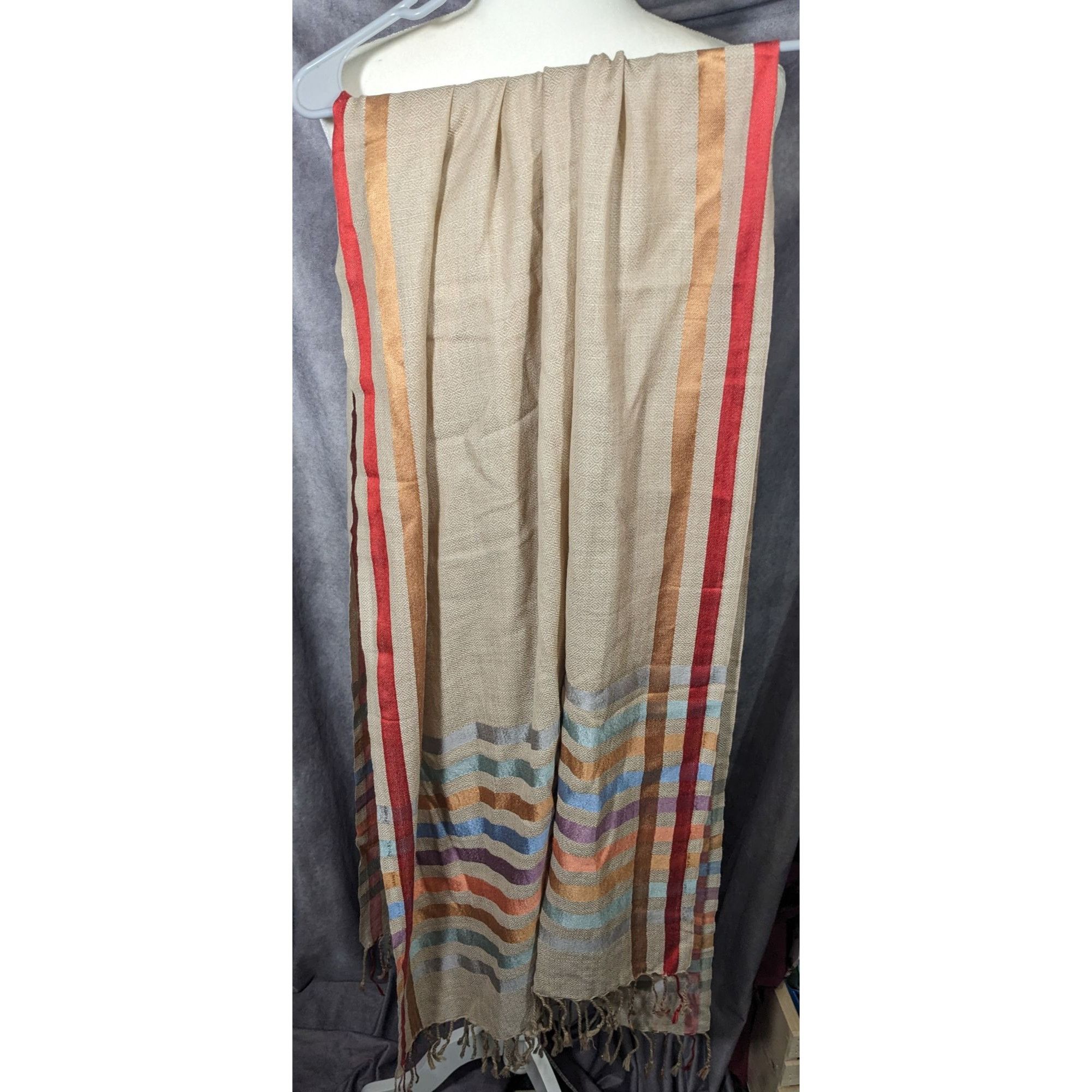 Other Vintage Cream Rainbow Stripe Accent Fringe Scarf Size ONE SIZE - 10 Thumbnail
