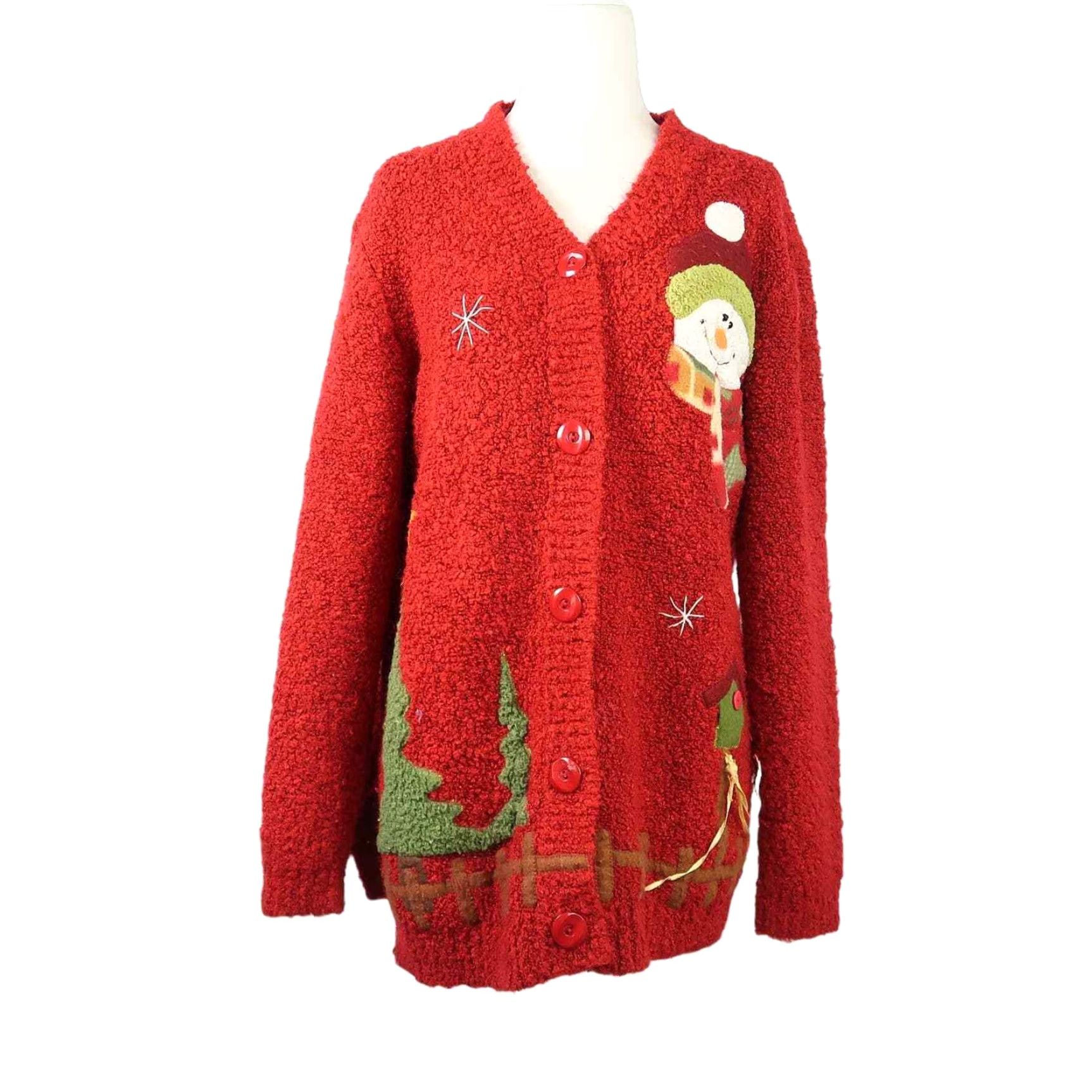 Vintage VINTAGE 90s Cardigan Sweater Red Chenille Knit Snowman Christmas Tree Santa Claus Applique Long Sleeve Women's M Size Size M / US 6-8 / IT 42-44 - 2 Thumbnail