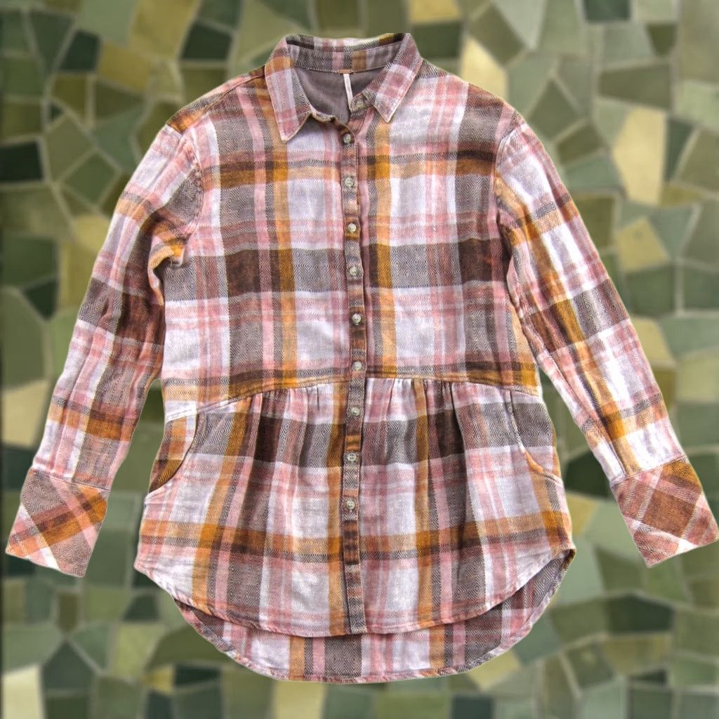 Free People Free People Blouse Shirt Womens S Oversized Plaid Flannel 100% Cotton Button Up Pink Orange Brown Pocket Casual Sleeve Size S / US 4 / IT 40 - 1 Thumbnail