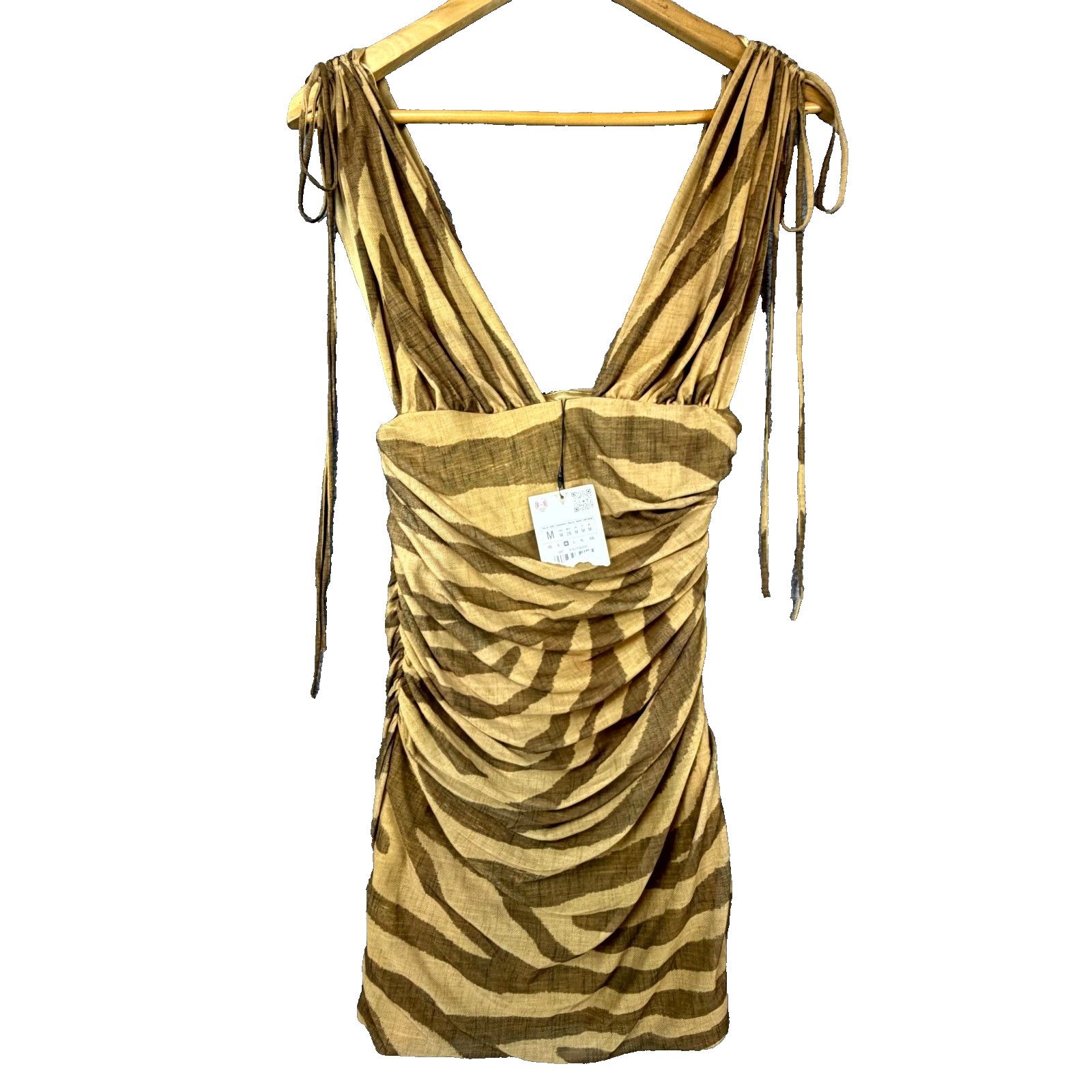 Zara Zara Mini Dress Womens Medium Tan Brown Zebra Stretch Ruched Size M / US 6-8 / IT 42-44 - 1 Thumbnail