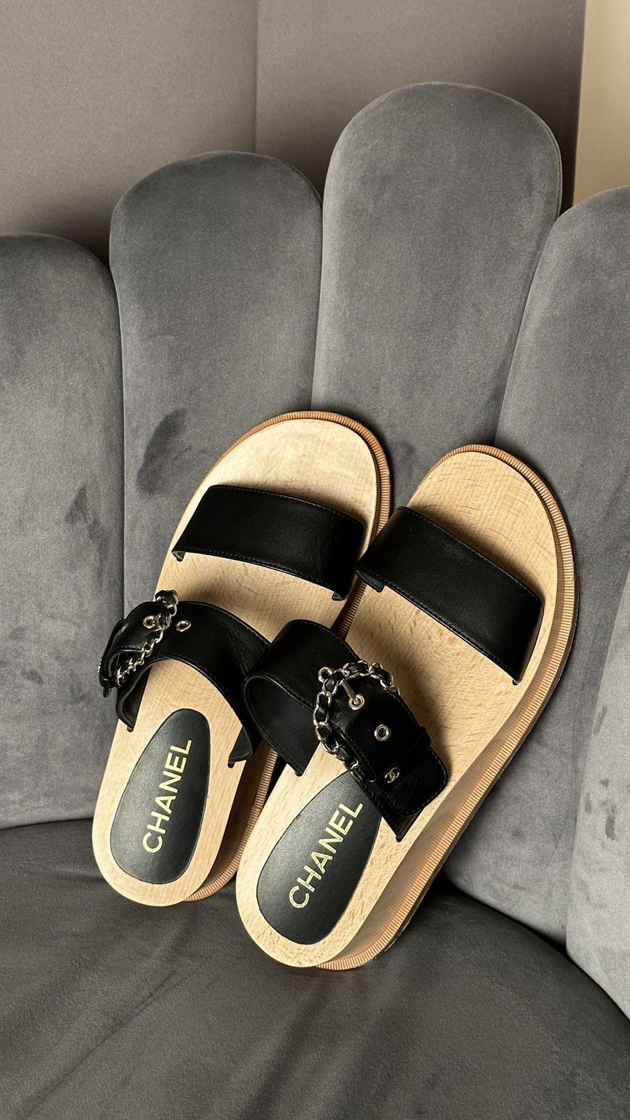 image of Chanel Wooden Chain Slide Sandals In Black Size, Women's (Size 8)