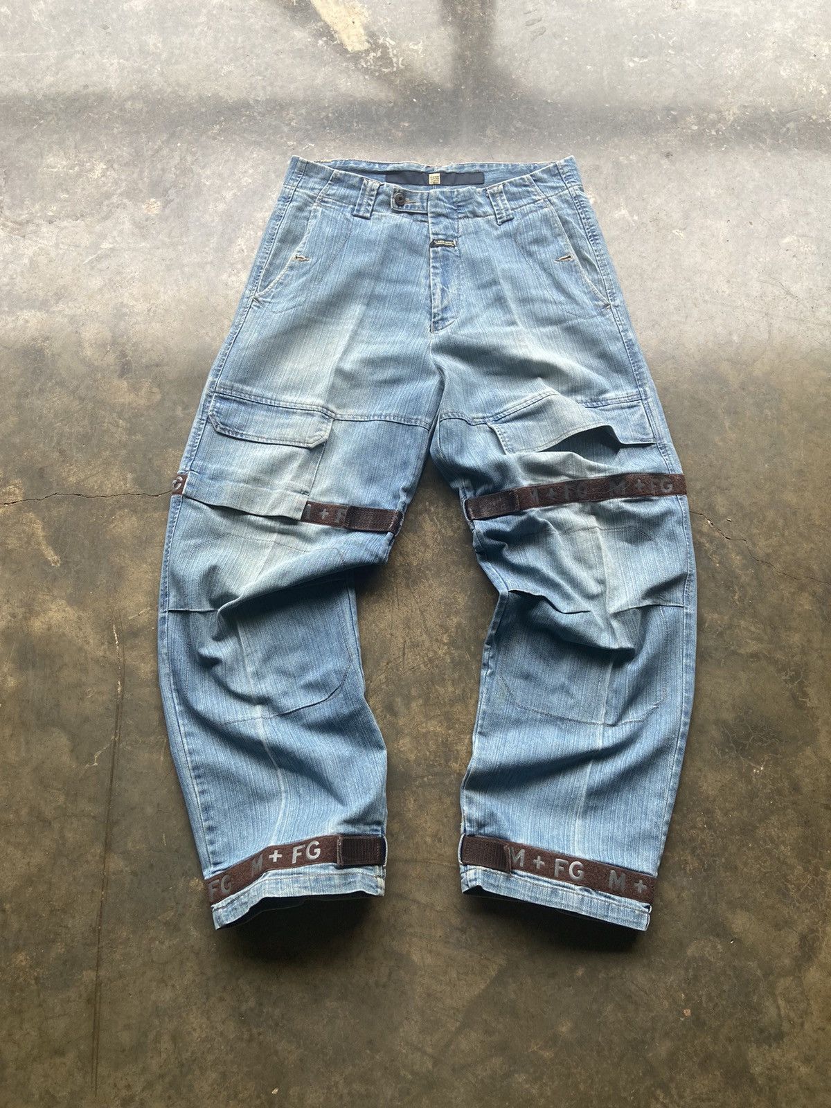 Image of Crazy Vintage Baggy Faded Y2K Jnco Style Brown Strap Jeans in Blue, Men's (Size 34)