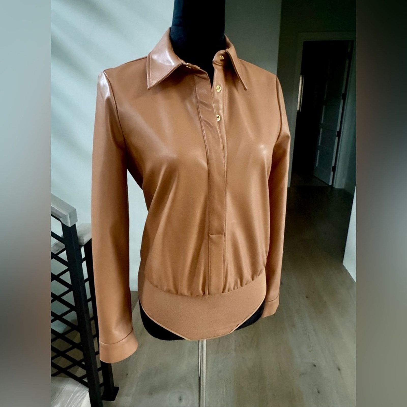 Other New Marciano Tan Faux Leather Button-Up bodysuit Size S / US 4 / IT 40 - 1 Thumbnail