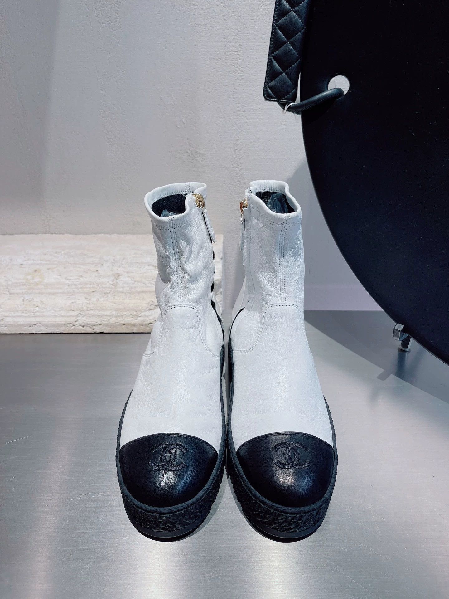 Chanel CHANEL New Black White Colorblock Short Boots 36.5 Size US 6 / IT 36 - 1 Thumbnail