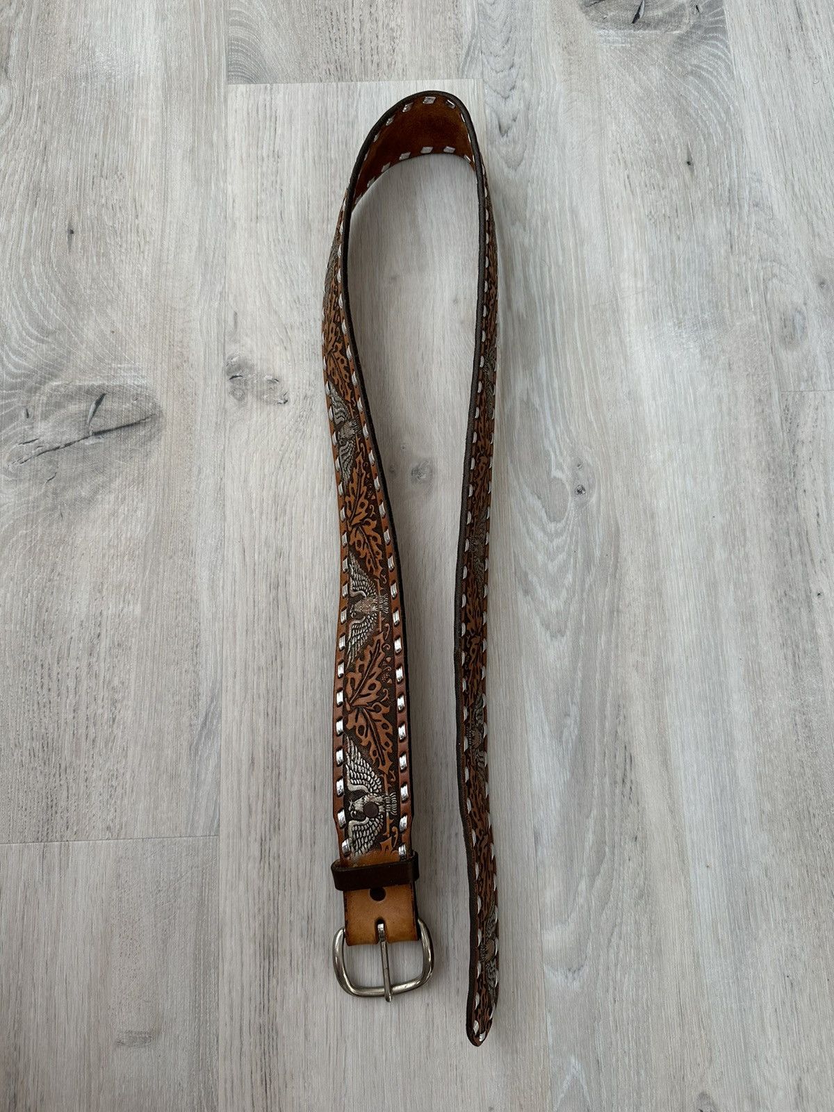 Leather × Vintage Vintage Leather Belt Y2K Rhinestones Punk Western Eagles Size 34 - 4 Thumbnail