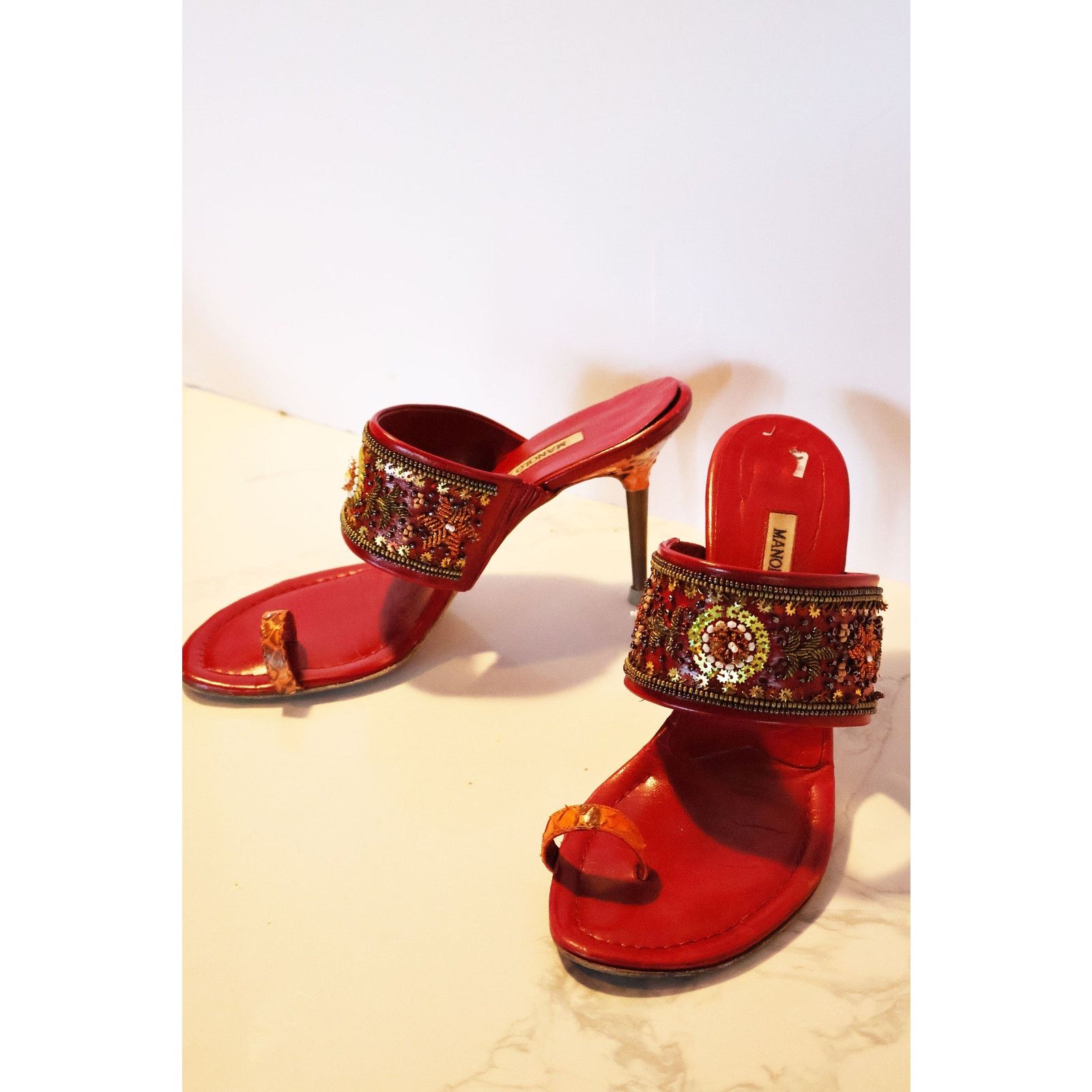 Manolo Blahnik Vintage Manolo Blahnik Red + Orange Snakeskin Rapis Sandal Size US 7.5 / IT 37.5 - 5 Thumbnail