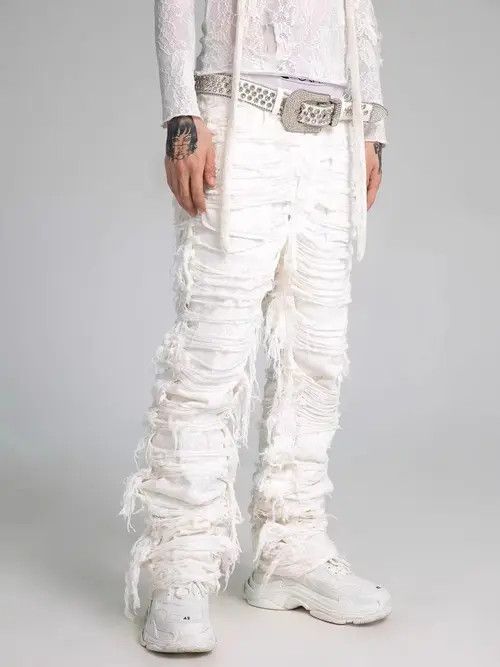 Jean Trendy lace multi-layer ruined heavy industry white jeans Size US 30 / EU 46 - 6 Thumbnail