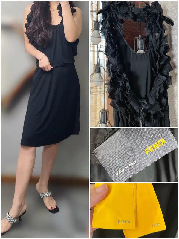 Fendi Fendi Black Long Dress with Frill Details 0089 Size ONE SIZE - 1 Thumbnail