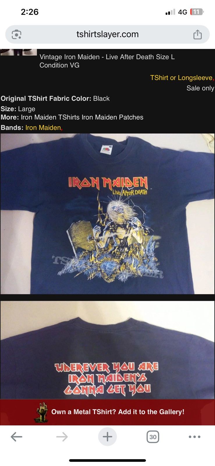 Iron Maiden Rare Vintage Iron Maiden Live After Death original Album tee Size US L / EU 52-54 / 3 - 6 Thumbnail