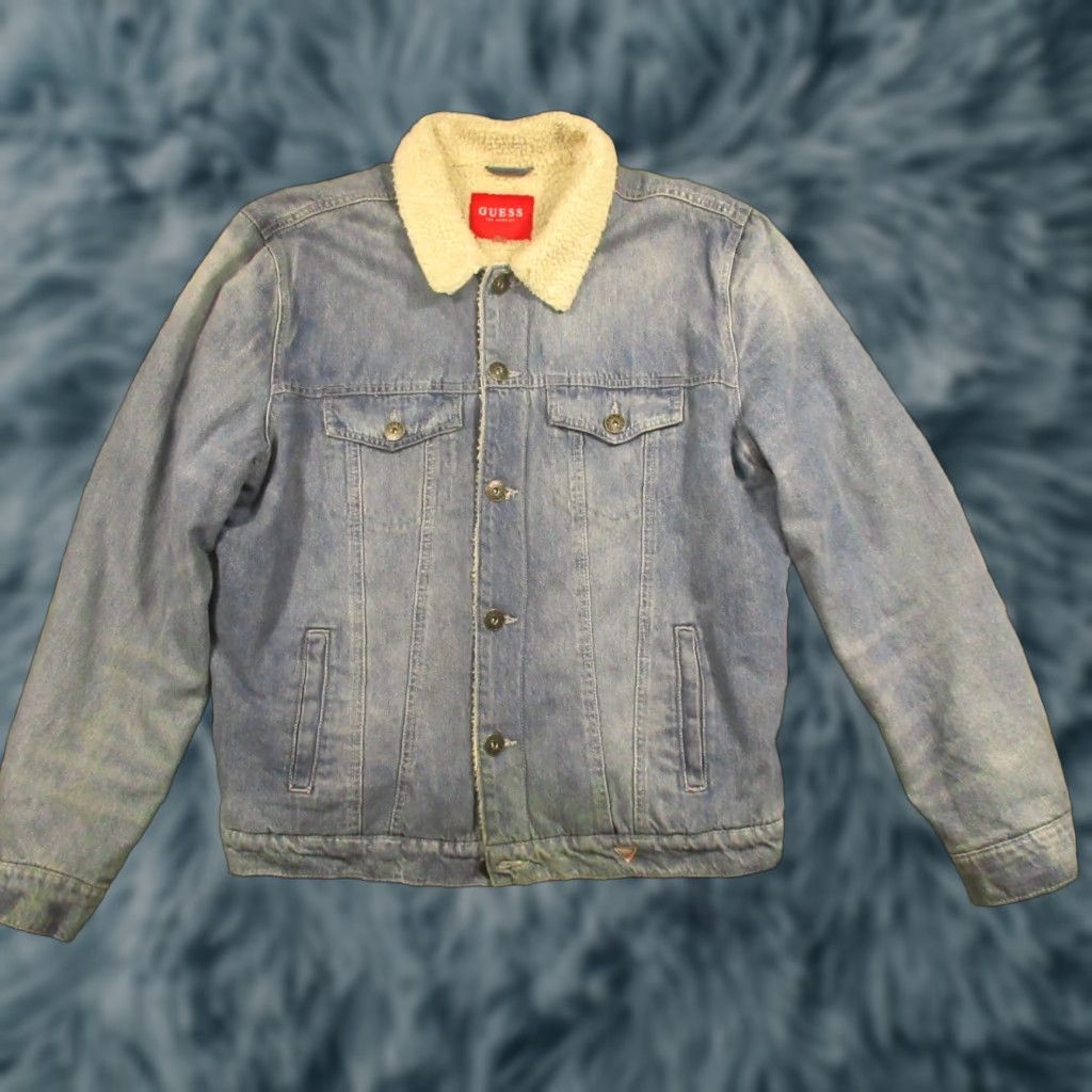 Guess VINTAGE Guess Denim Jean Jacket Mens XL Blue Trucker Style Light Wash Lined Sherpa Jacket Casual Man XL Blue Logo Mid-Length Size US 36 / EU 52 - 1 Thumbnail