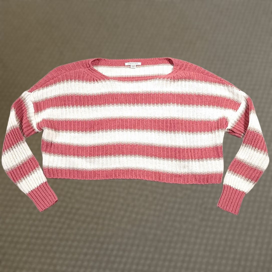 American Eagle Outfitters VINTAGE American Eagle Sweater Women’s S Cropped Oversized Pink Striped AEO Knit L/S Size S / US 4 / IT 40 - 1 Thumbnail