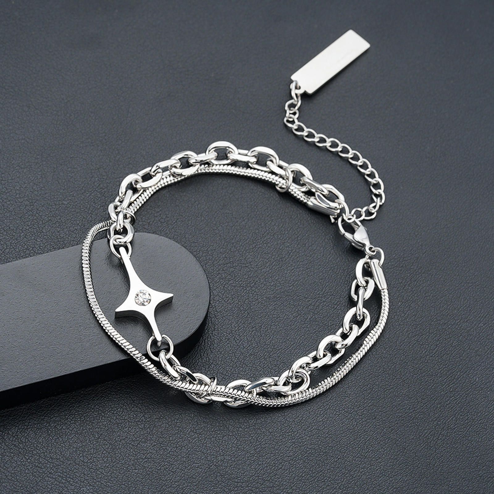Japanese Brand Silver Chain Link Bracelet with Star Charm, Adjustable Size ONE SIZE - 4 Thumbnail