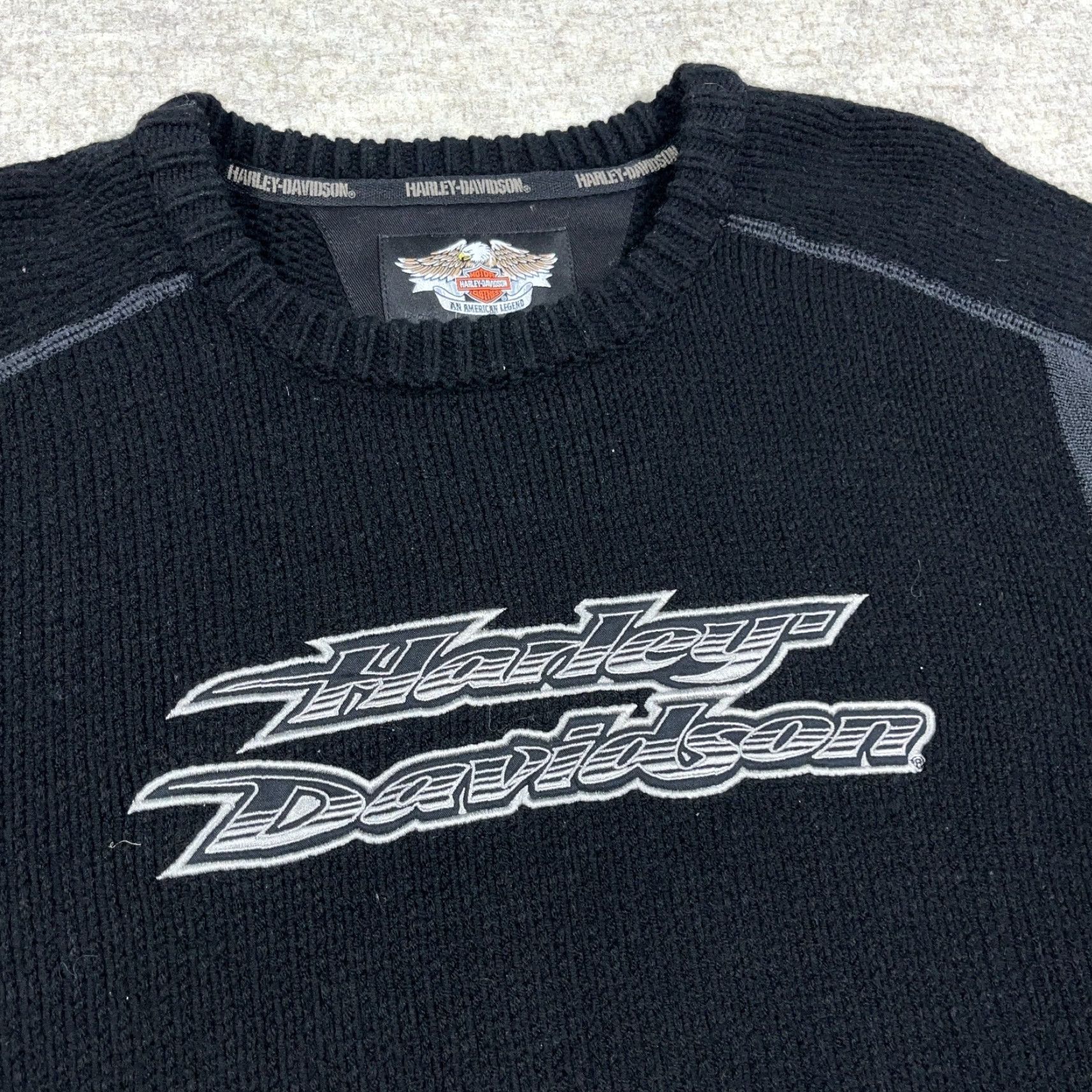 Harley Davidson VINTAGE Harley-Davidson Sweater Men XL Black Heavy Knit Ribbed CrewNeck Wool Size US XL / EU 56 / 4 - 3 Thumbnail