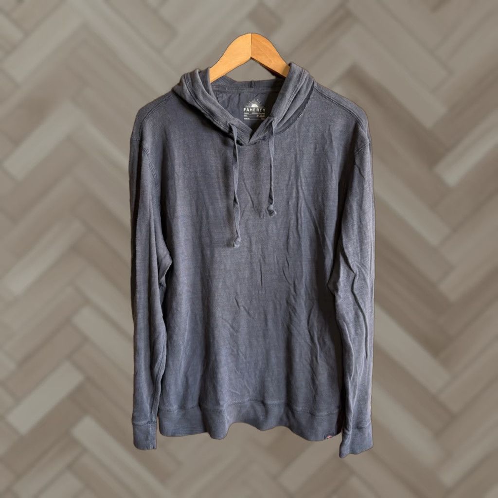 Faherty Faherty Hoodie Mens XL Blue Sunwashed Midweight Organic Pullover Knit Cotton Logo Hooded Pull-Over Pullover Size US XL / EU 56 / 4 - 1 Thumbnail