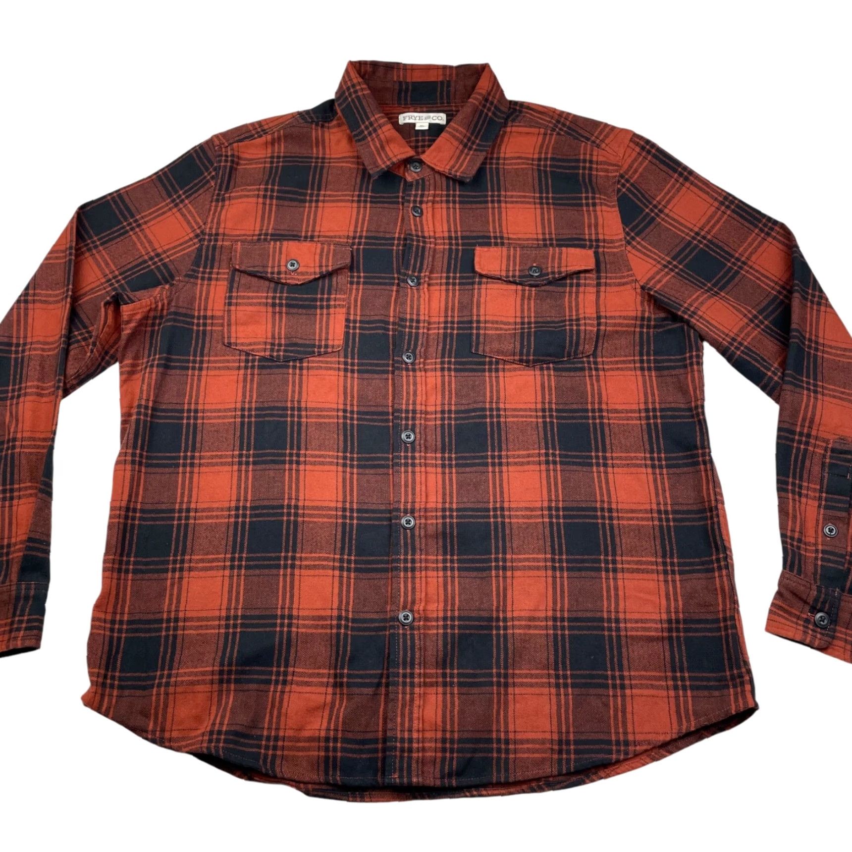 Frye and Co Men’s Flannel Button Work Shirt Brown/Black Plaid XL