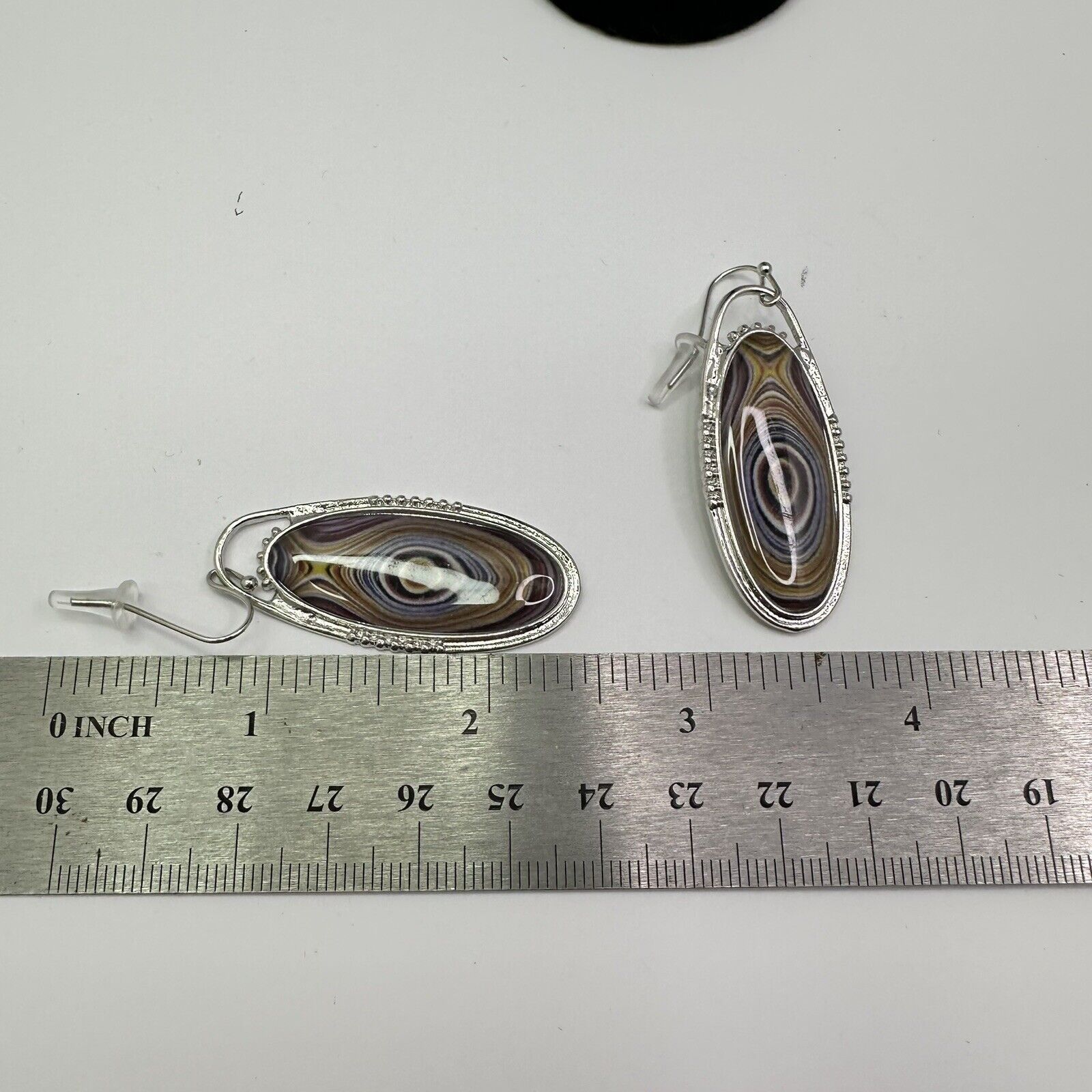 Unknown London New Boho Silver Plated Oval Earrings Faux Tree Rings Hook Size ONE SIZE - 3 Thumbnail