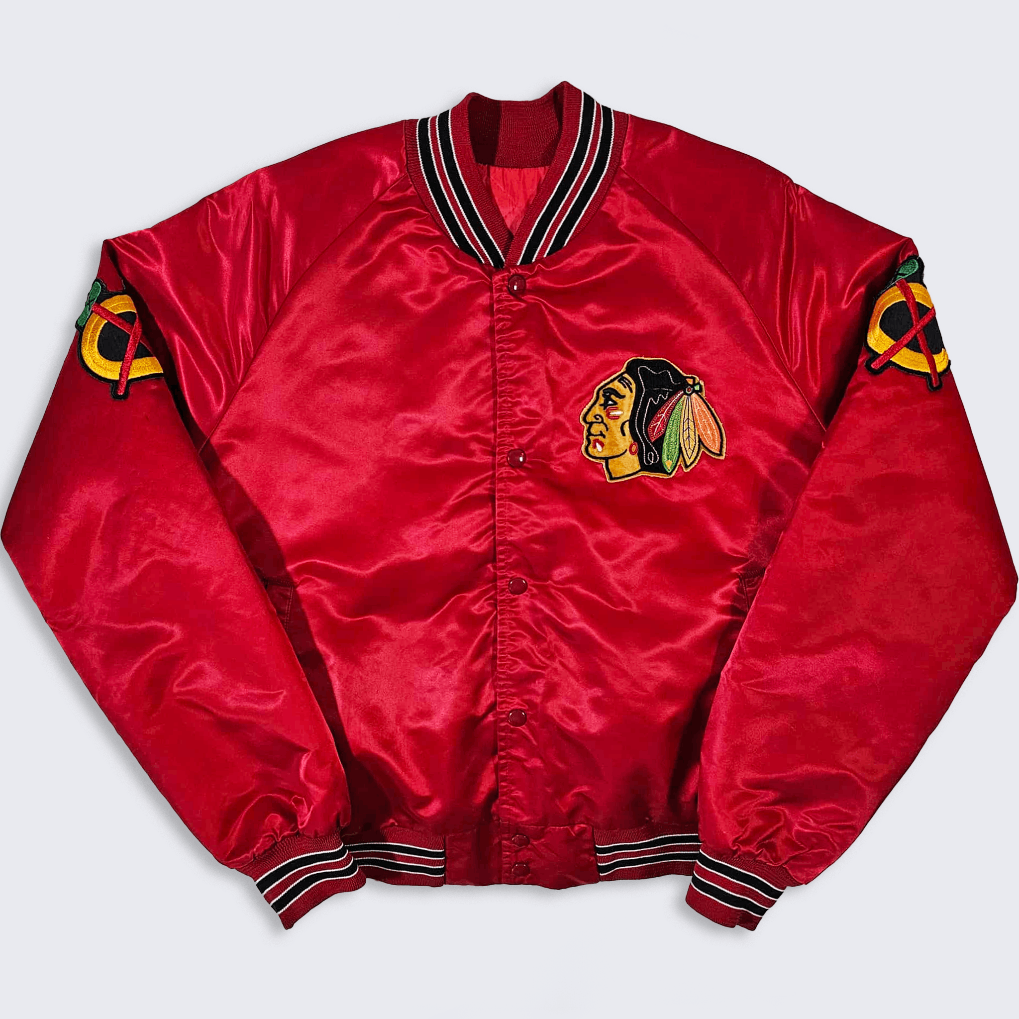 Vintage Chicago Black Hawks 90s Chalk Line Satin Bomber Jacket Size US L / EU 52-54 / 3 - 2 Thumbnail