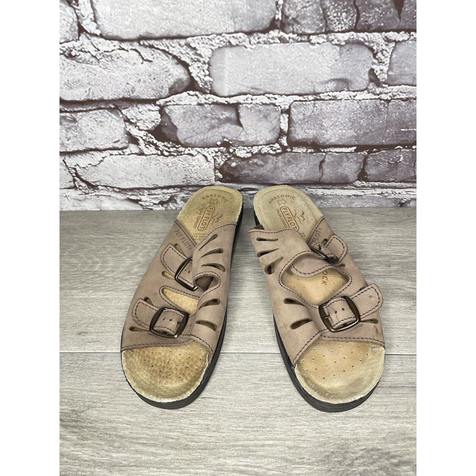 Other Fly Flot Taupe Nubuck Leather Strap Slides Wedge Sandals Wom Size US 6.5 / IT 36.5 - 2 Thumbnail