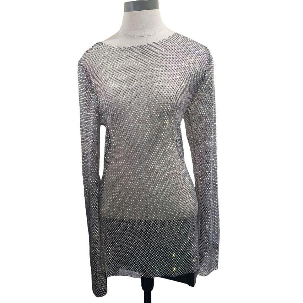 Free People CT1755 Free People Metallic Mesh Iridescent Long Sleeve Top Size L / US 10 / IT 46 - 1 Thumbnail