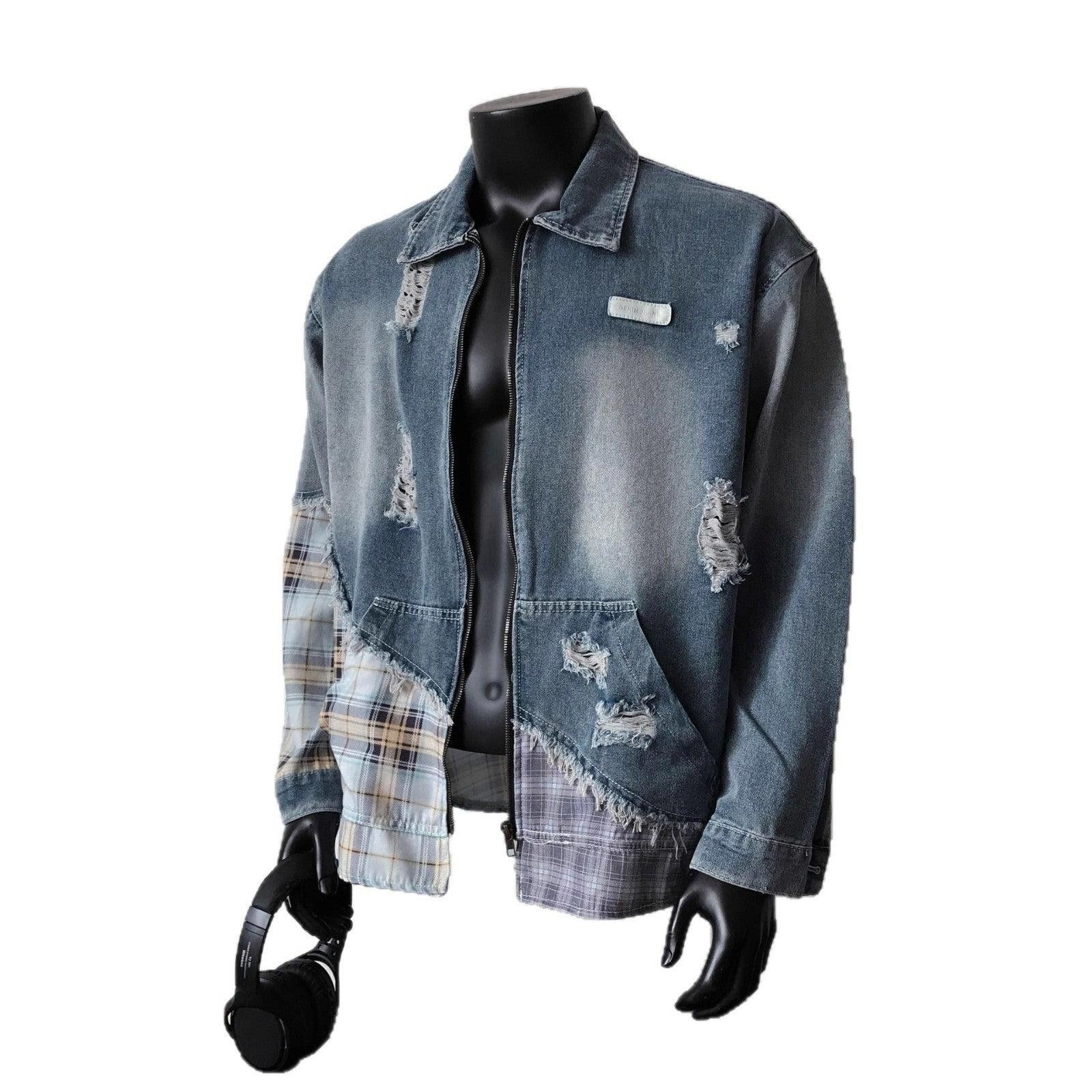 Vintage Blue Distressed Plaid Patchwork Denim Jacket Size US M / EU 48-50 / 2 - 6 Thumbnail