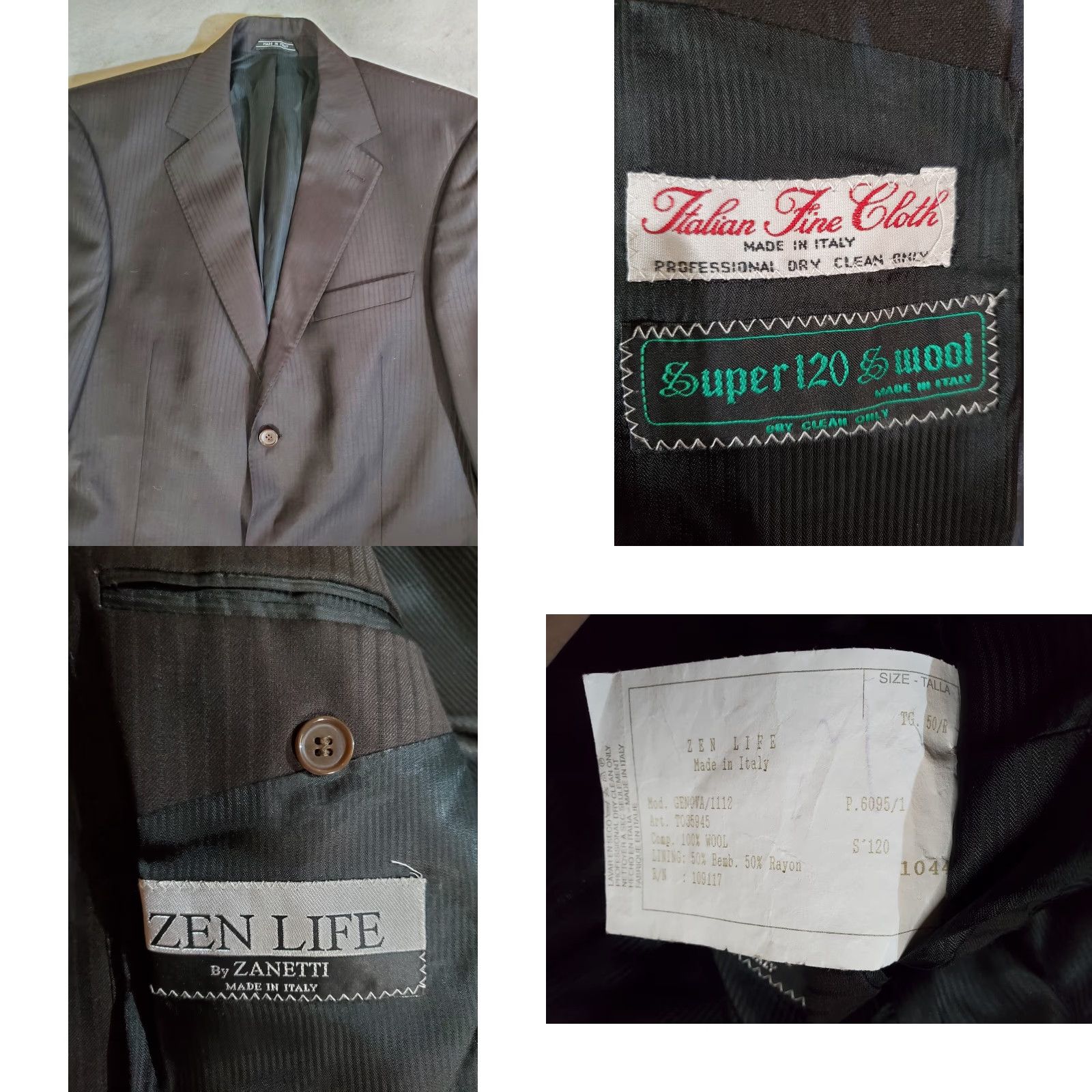 Alife VINTAGE Zanetti Zen Life Suit Mens Size 50R Regular 2 Piece Wool Black Notch Lapel 2-Button Genova Model 80s 90s Size 50R - 8 Thumbnail
