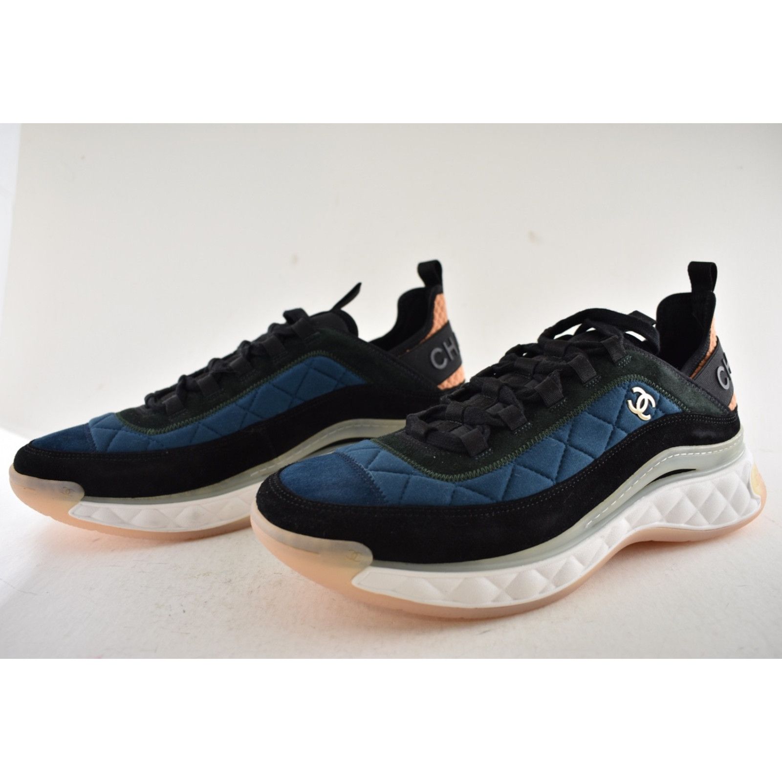 Chanel Mens Blue Green White Black CC Logo Low Top Trainer Sneaker Size US 11 / EU 44 - 11 Thumbnail