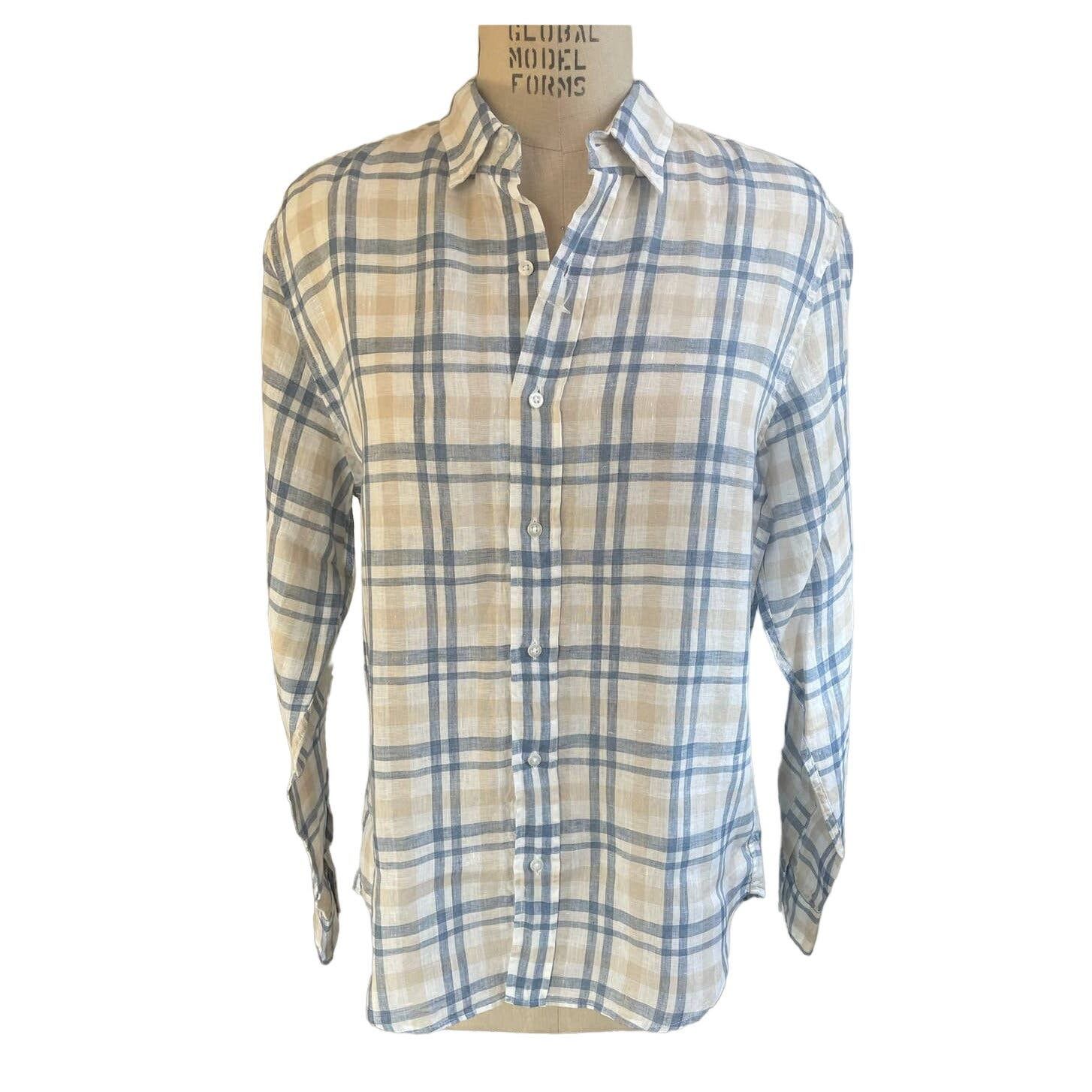 image of Frank Eileen NWOT Men's Frank & Eileen Linen Finbar Blue & Tan Plaid (Size Small)