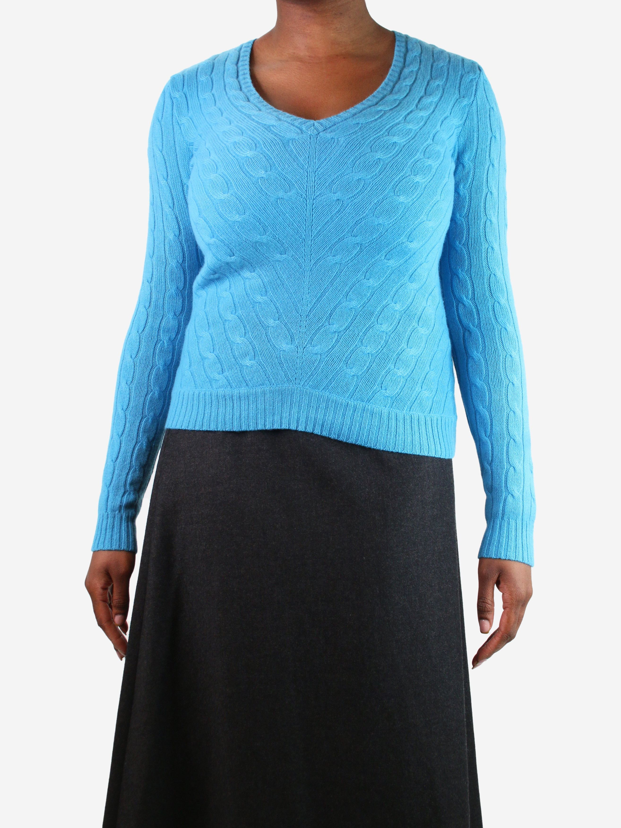 image of Ralph Lauren Bright Blue Cable Knit V-Neck Sweater - Size M, Women's