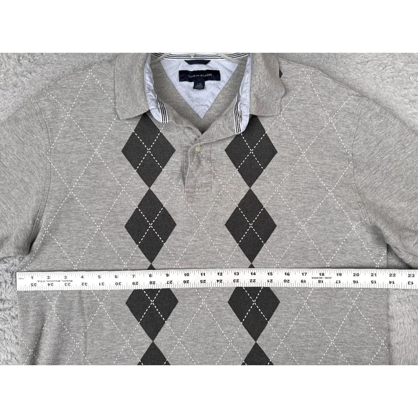 Tommy Hilfiger Tommy Hilfiger Polo Shirt Men Large Gray Argyle 100% Cotton Short Sleeve Slim Fit Shirt Mens Defaults Size US L / EU 52-54 / 3 - 7 Thumbnail