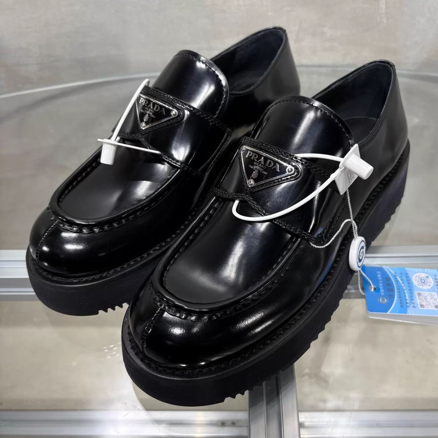 Prada Prada Triangle Logo Thick Sole Black Leather Derby Size US 8 / IT 38 - 2 Thumbnail