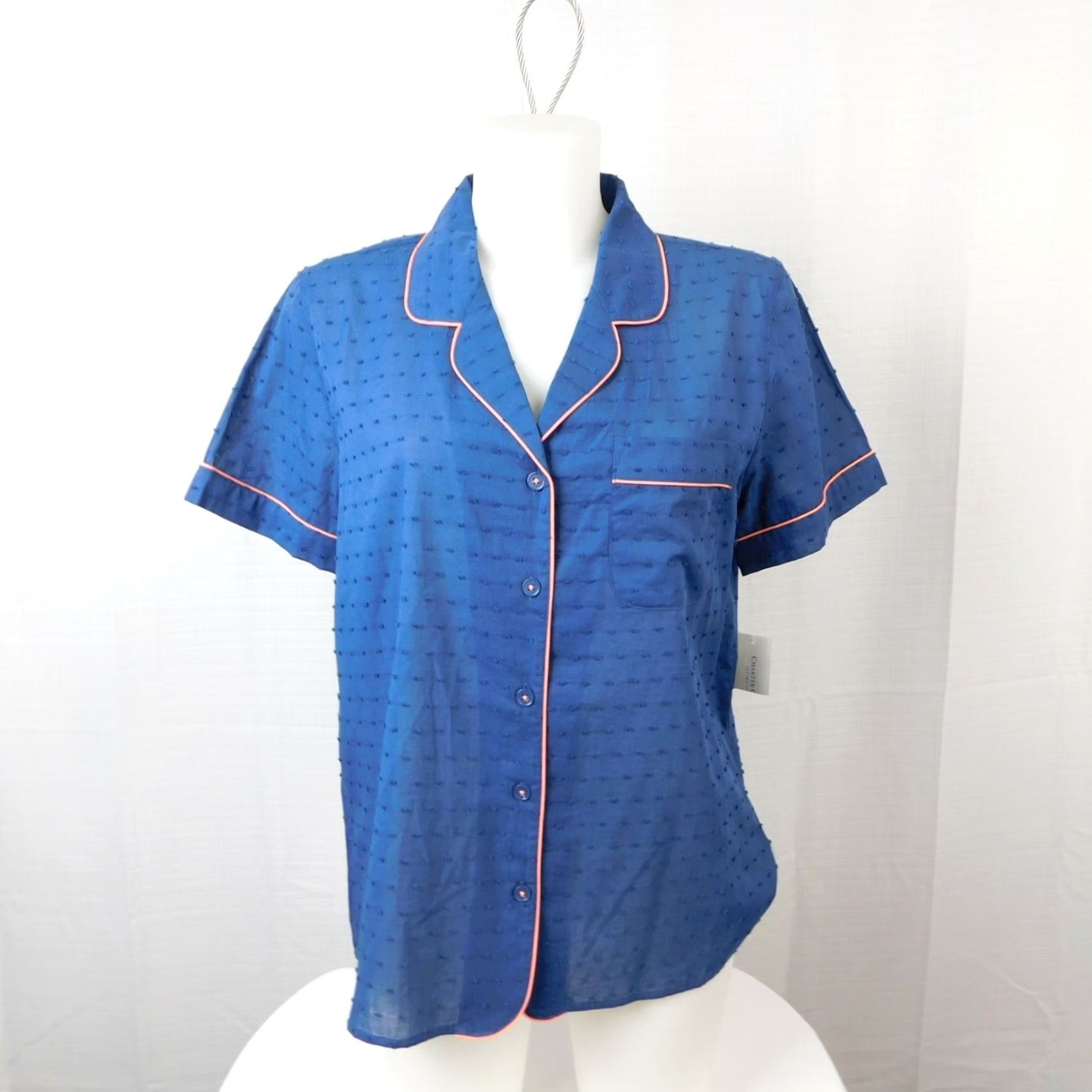 Charter Club Charter Club Notch Collar Woven Cotton Pajama Top Blue XS Women Shirt/Top Pajama Top Regular Short Sleeve Button Crew Neck? Size XS / US 0-2 / IT 36-38 - 2 Thumbnail
