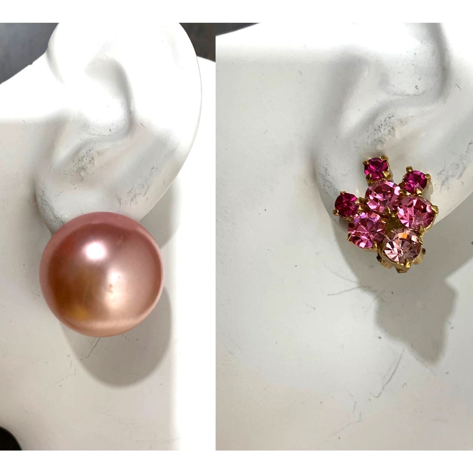 Vintage 2 Pair Pink 50s Earrings Austria Rhinestone Japan Dome Size ONE SIZE - 2 Thumbnail